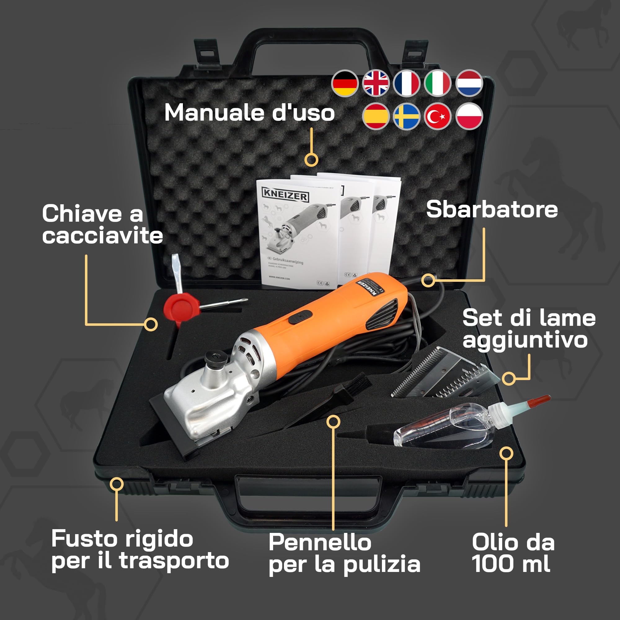 Tosatrice per Cavalli K-PRO 400 - Con Lame Intercambiabili - Silenziosa e a Bassa Vibrazione - Serenità per il Cavallo - Adatta a Tutti i Tipi di Pelo e Parti del Corpo - Senza Manutenzione