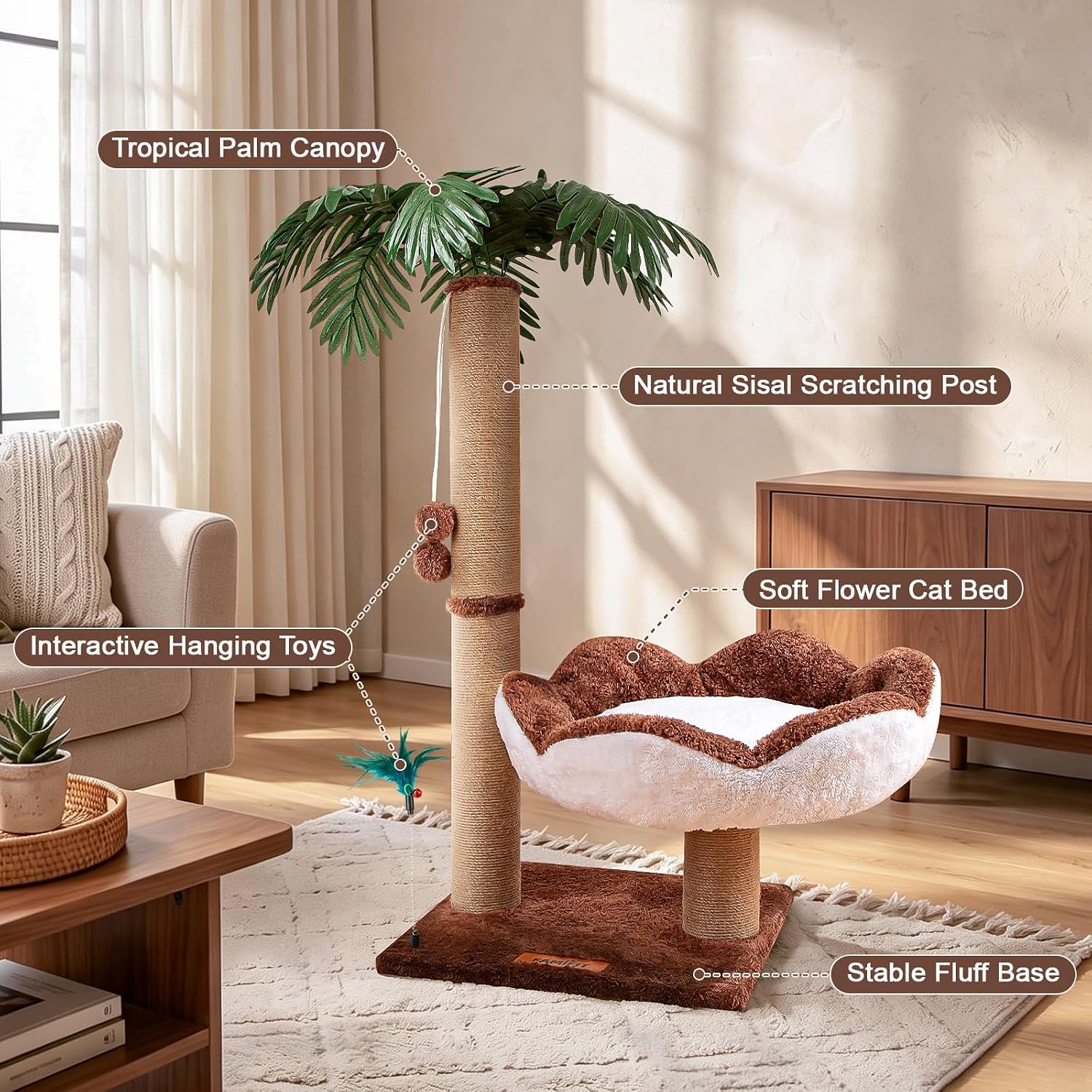 2-in-1 Plant Cat Scratching Post for Indoor Cats | Soft Plush Cat Bed with Stable MDF Base; Simulated Areca Palm; Multifunctional Cat Scratch Tower