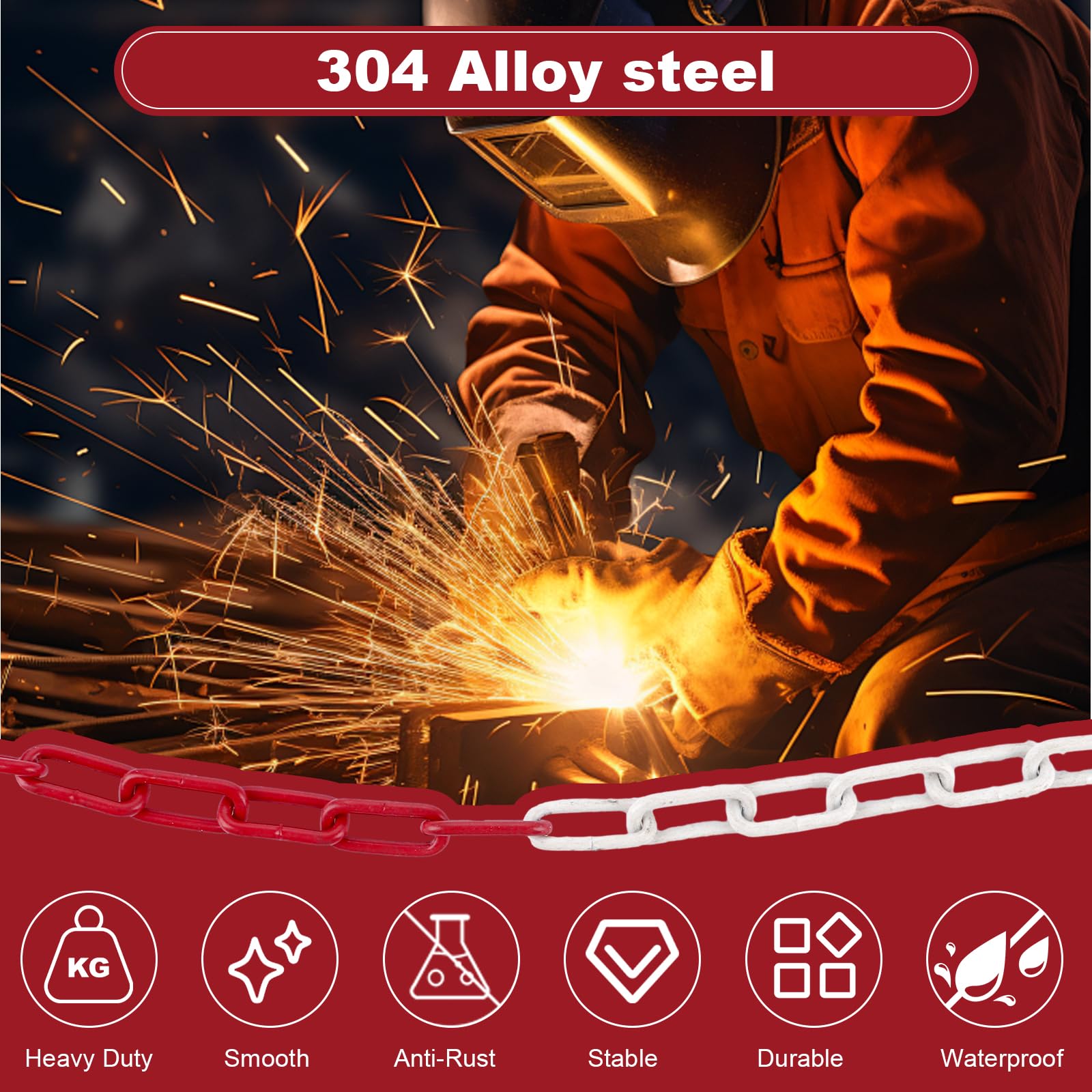 CYEER Catena in metallo rosso e bianco, 12 m, robusta catena in acciaio da 5 mm, resistente alle intemperie, catena a maglie massicce per parcheggi, cantieri e locali industriali, alta visibilità