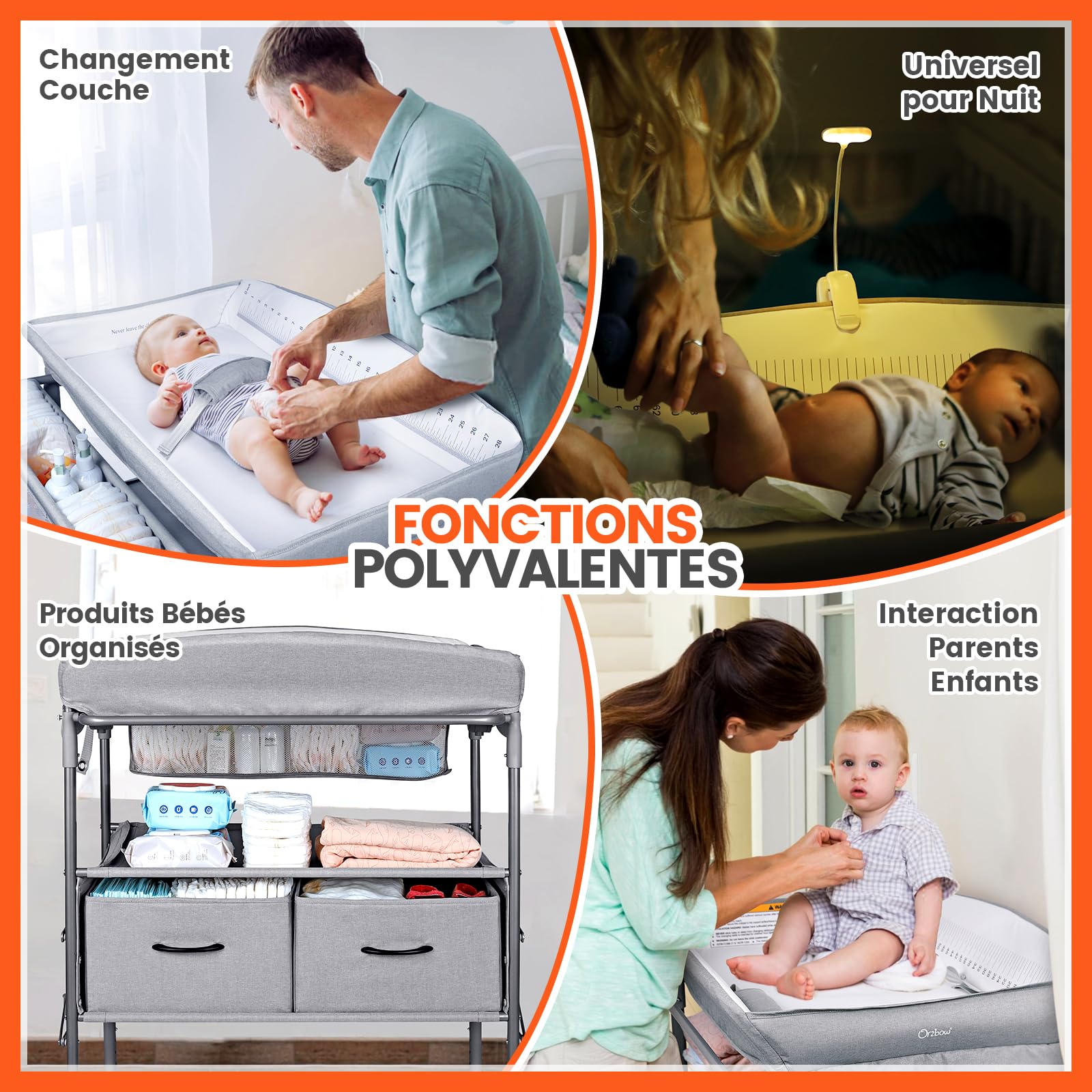 Table a Langer Bebe avec Tiroir et Veilleuse, Table à Langer Pliable à Hauteur Réglable avec Sangle de Sécurité, Espace de Stockage Extra Large, Mobile Commode a Langer Bebe, Gris