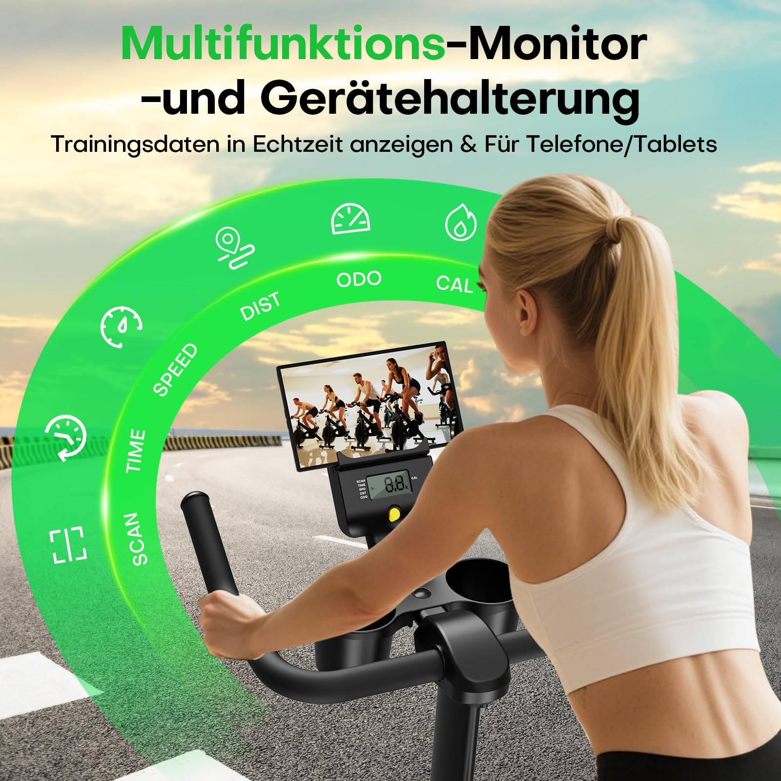Heimtrainer Fahrrad mit App, Einstellbarer Magnetischer Widerstand Hometrainer Fahrrad, Leise & Bequem Ergometer Heimtrainer mit Hantelablage, LCD-Display, Tablet-Halterung, Bis 180KG