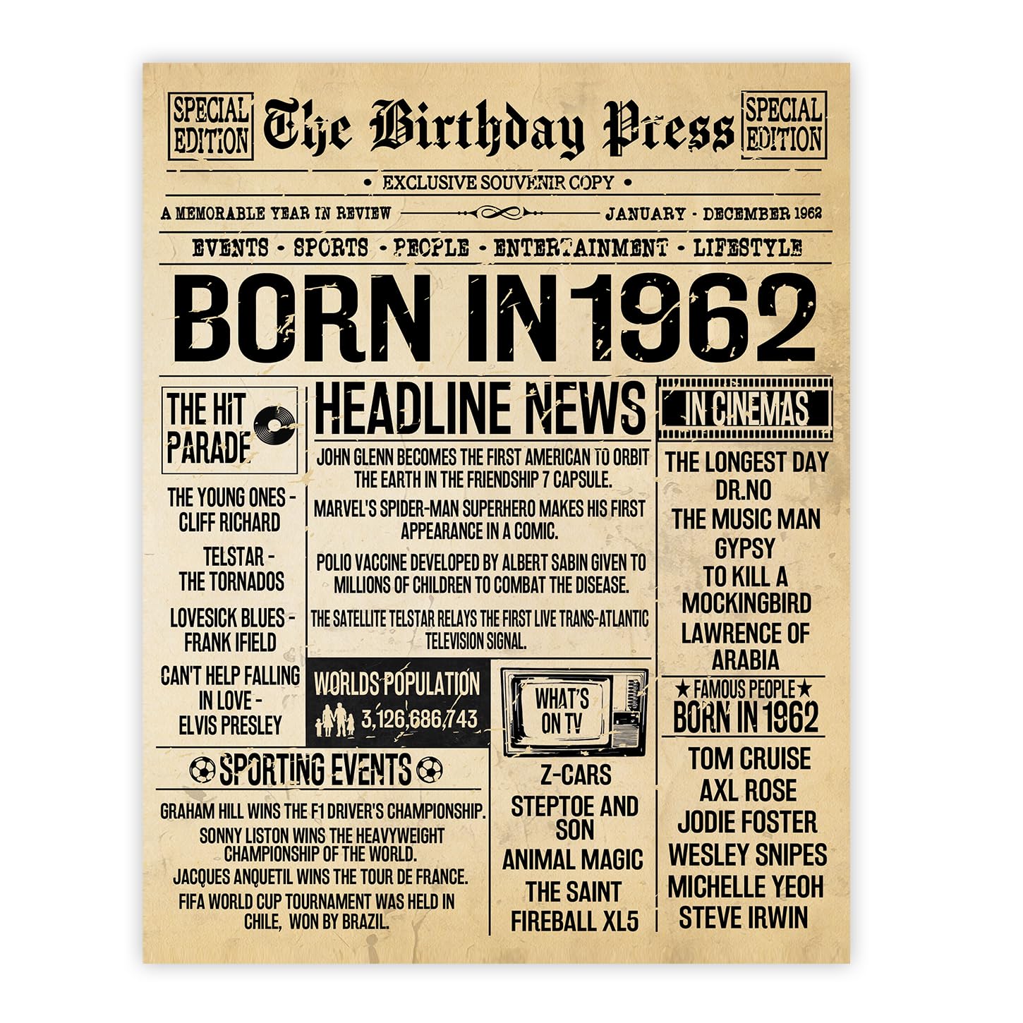 Stuff4 Women's 1962 64Th Birthday Poster Unframed - Born In Vintage Newspaper - Happy 64Th Birthday Gifts For Men Retro Back In 8X10 Inch Decor Decoration Bday Party