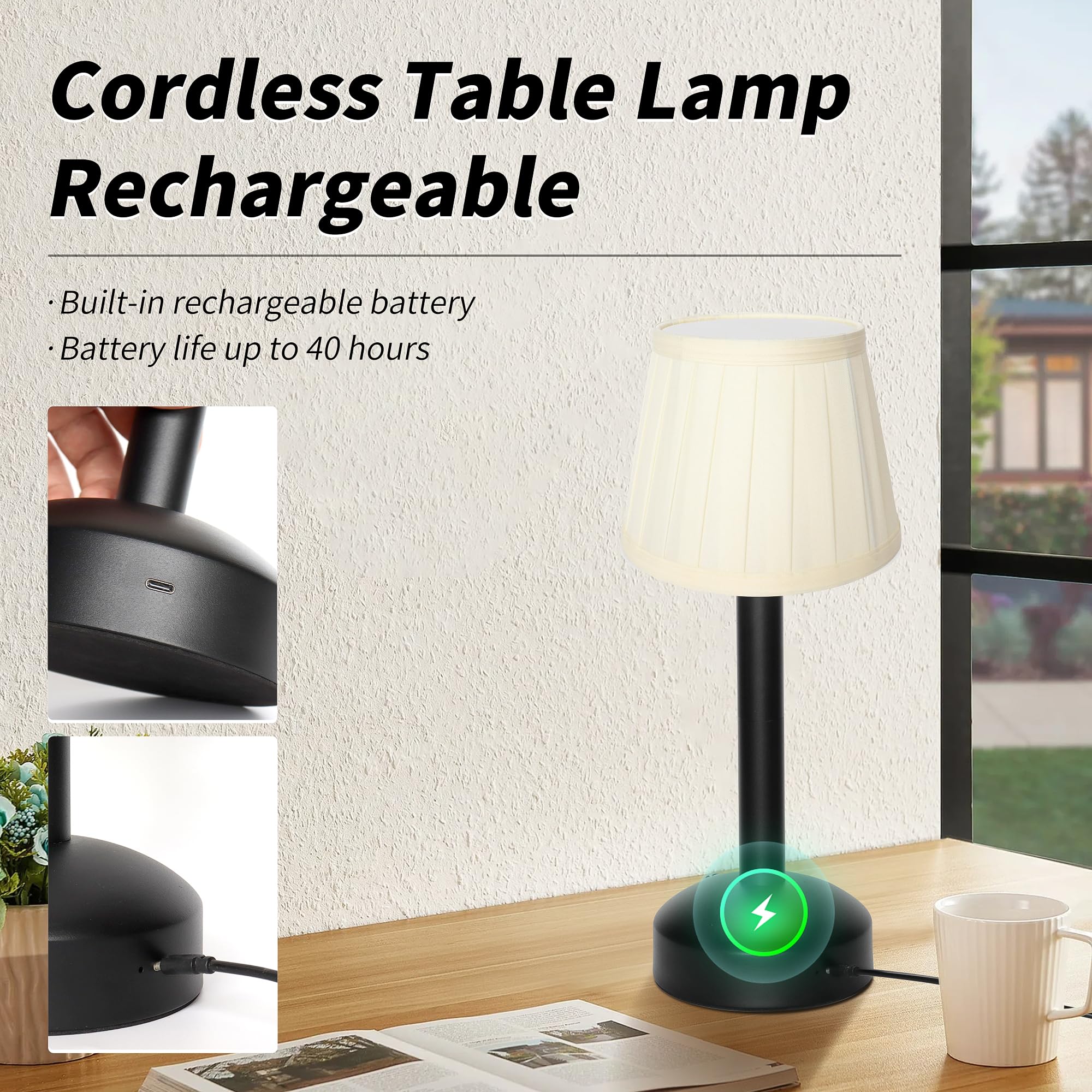 Mr.White Rechargeable Cordless Table Lamp with Fabric Lampshade & Adjustable Poles, 5200mAh Battery Operated Portable Table Light for Patio Restaurant Kitchen Dining (Black — view 5