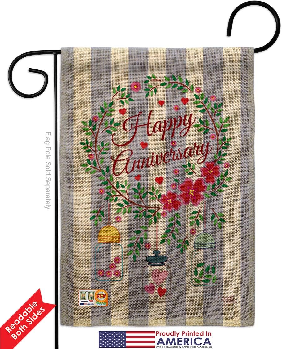 Happy Anniversary Burlap Garden Flag Celebration Couple Married Wedding Occasion Party Valentines Small Decorative Gift Yard House Banner Double-Sided Made In USA 13 X 18.5