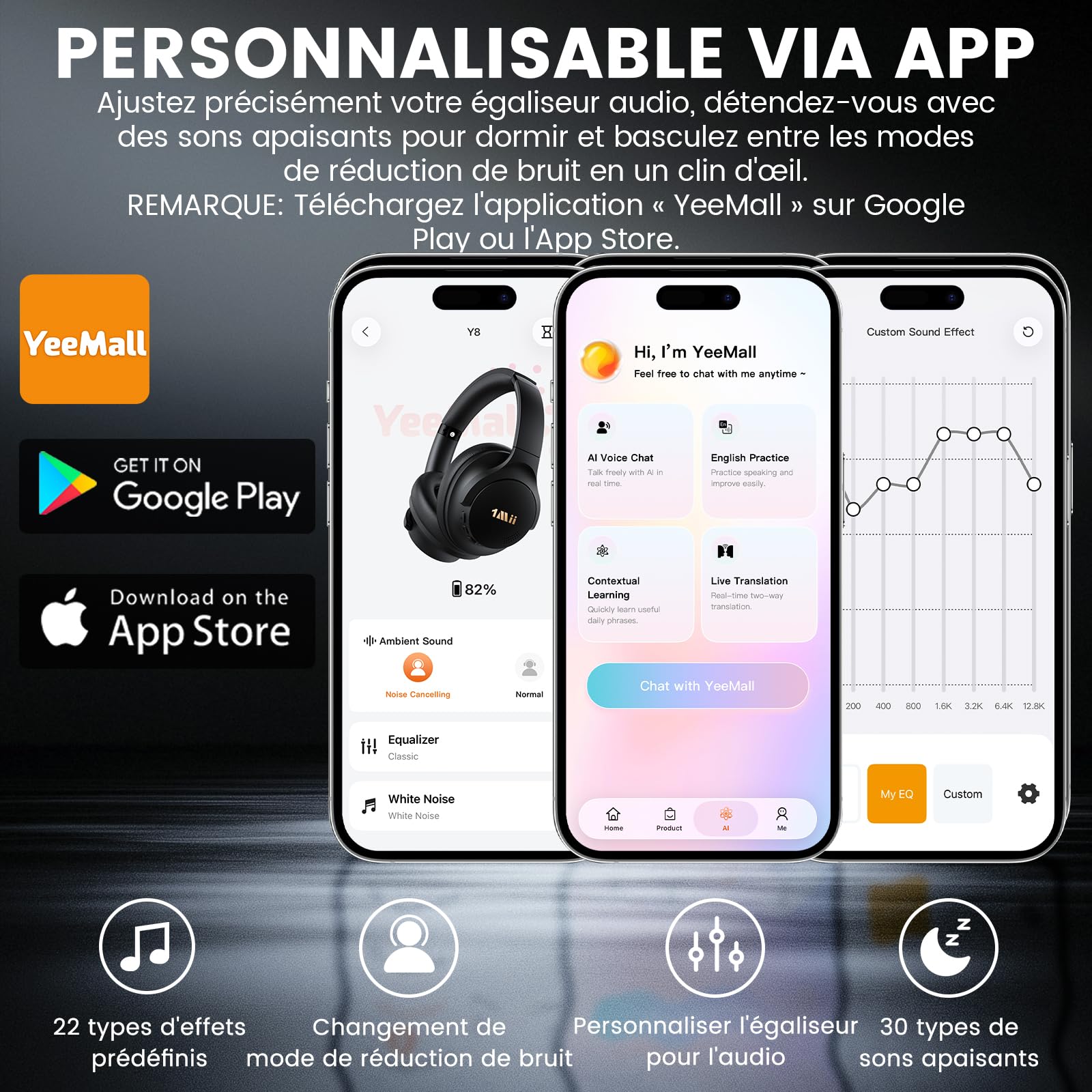 1Mii Y8 Casque Bluetooth sans Fil 6.0 Réduction de Bruit Active, Casque Audio Hi-Res Anti Bruit, 100H d'Autonomie, Basses Profondes, Confortable, IA Chat Vocal, EQ Personnalisable Via App - Noir
