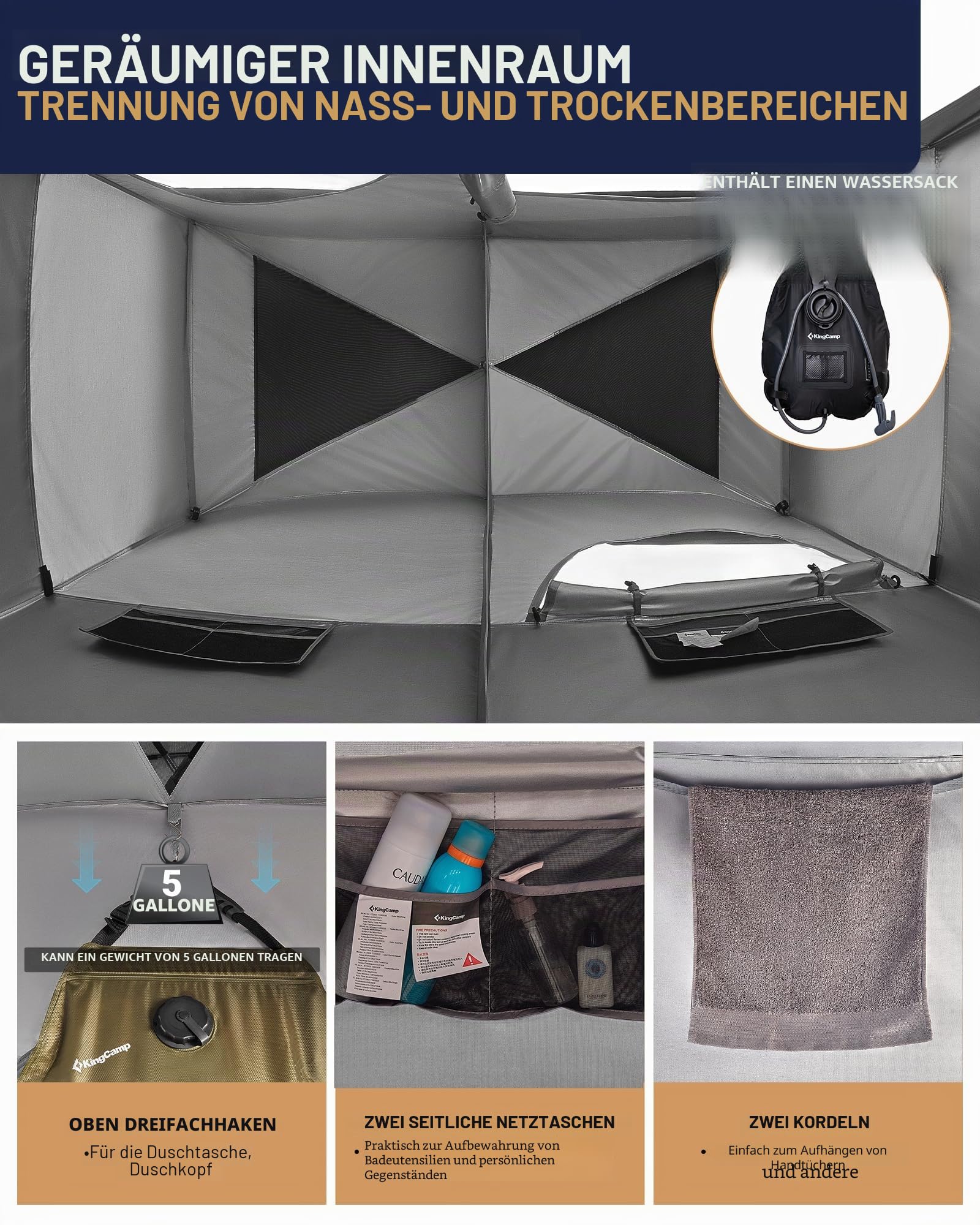 KingCamp Übergroße Outdoor-Duschzelte für Camping, Ankleidezimmer, tragbarer Unterschlupf, Umkleidekabine, Dusche, Privatsphäre, Einzel-/Doppelduschzelt, 200 x 105 x 203 cm