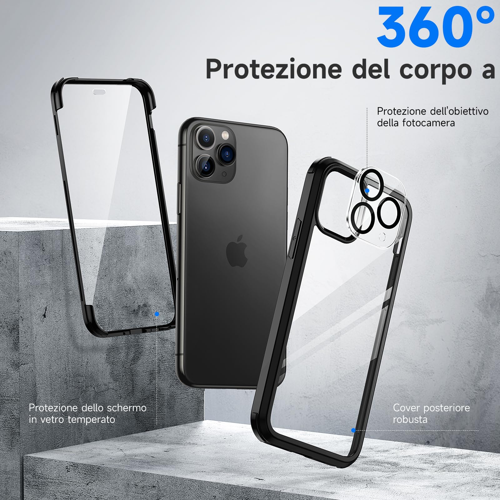 seacosmo Cover per iPhone 11 Pro, [9H HD] con Vetro Temperato Integrato Schermo, Pellicola Fotocamera, 360 Gradi Antiurto Protezione Fronte Retro Rugged Custodia Slim Doppia Faccia Case - Nero