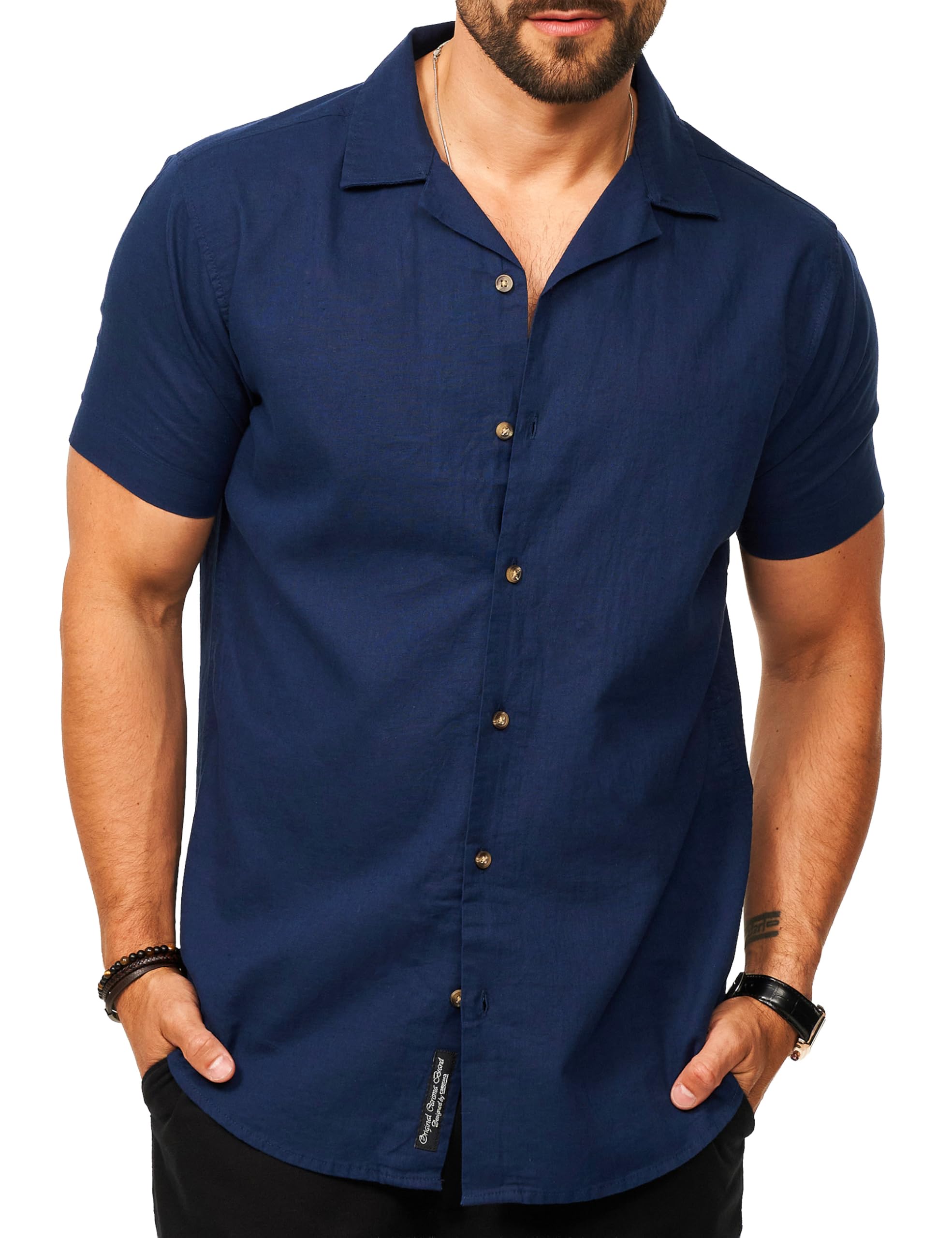 behype. Herren Hemd als Kurzarm Leinenhemd - Freizeithemd im Regular-Fit mit Reversekragen Sommerhemd - Strandhemd im Sommer-Look für Männer