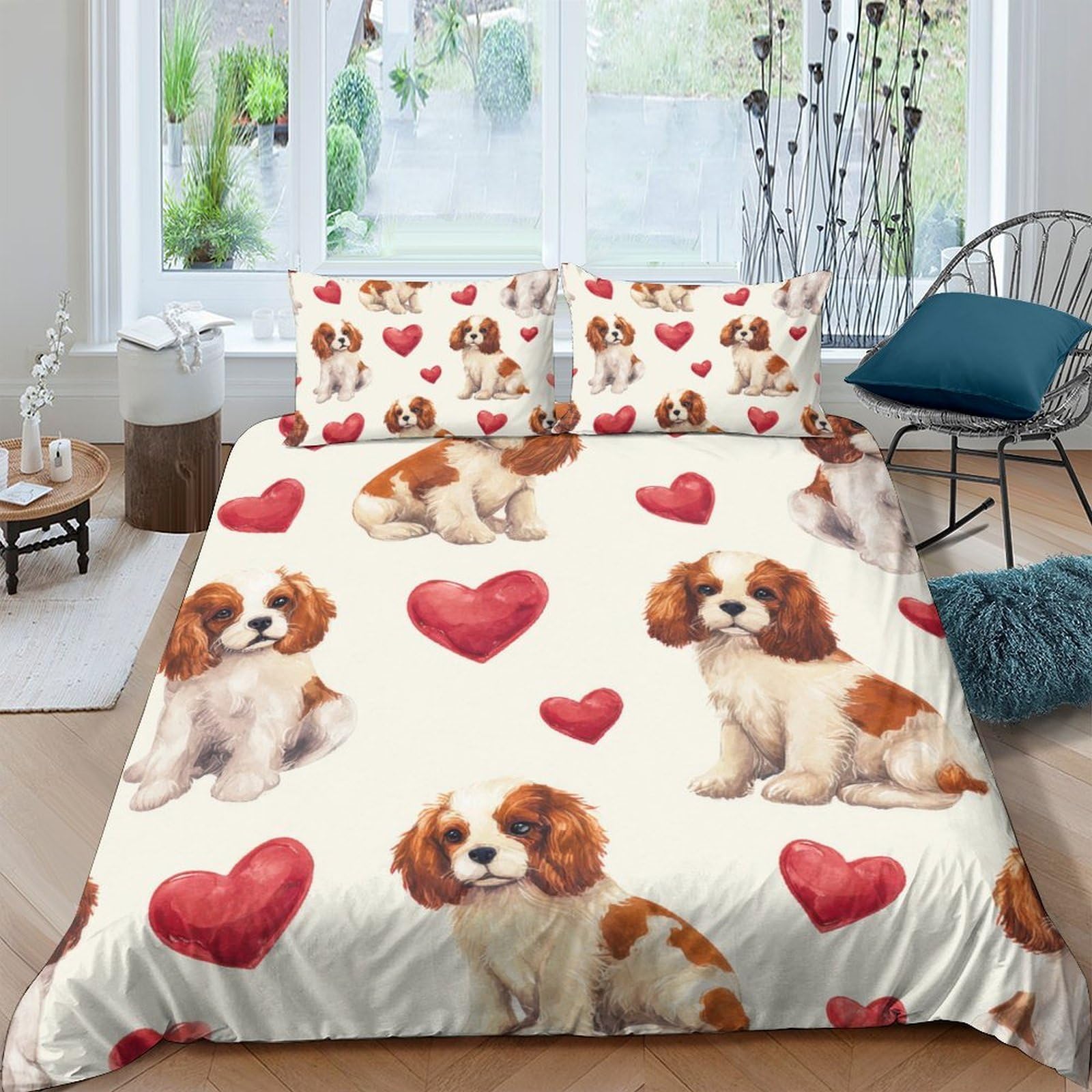 GPLZQXKJNH 3D Printed Puppy and Heart Duvet Cover Set Microfiber Soft Breathable Bedding Set with 2 Pillowcases for Bedroom Decor Single（135x200cm）