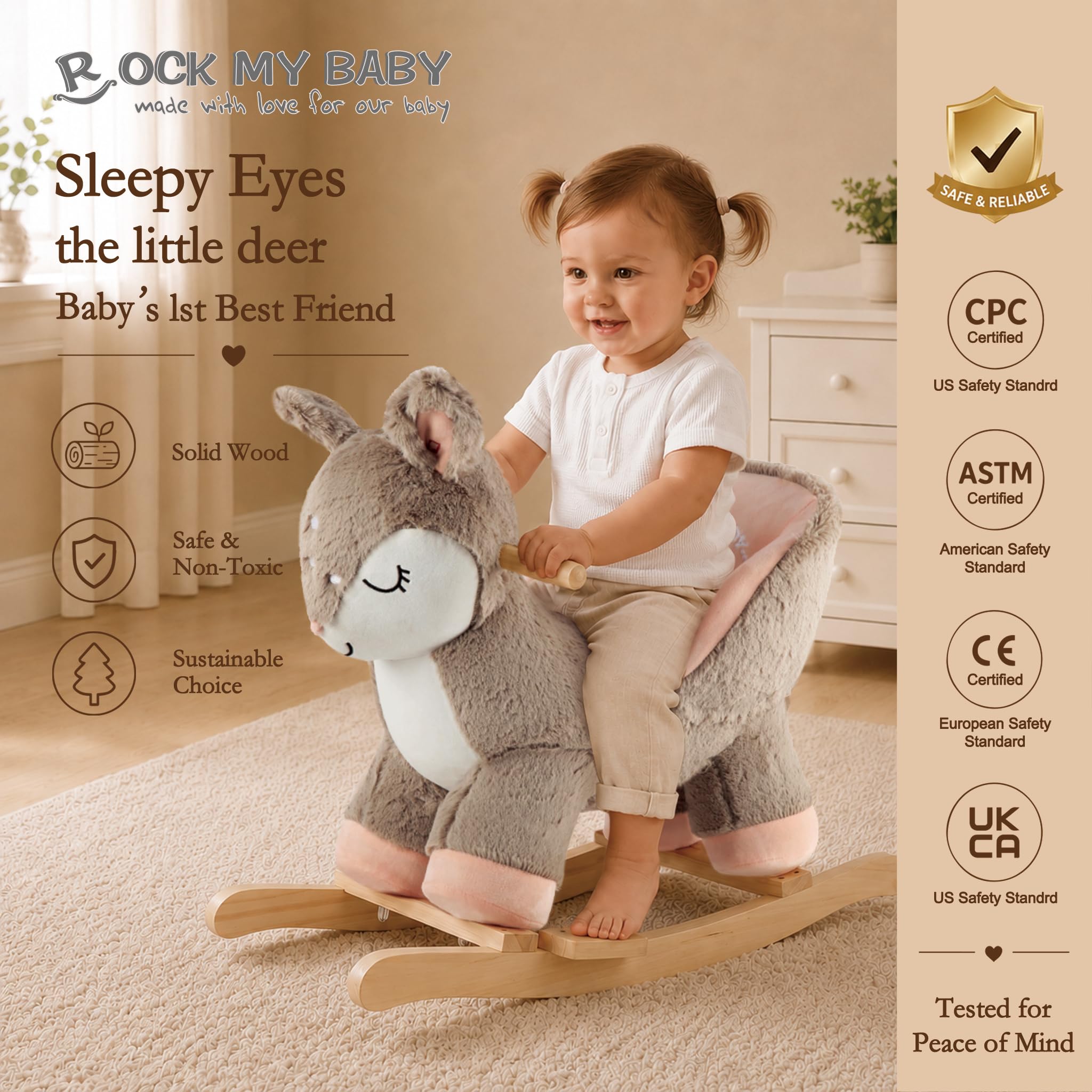 Cavallo a dondolo in peluche, corpo imbottito, sedia di sicurezza, sedia a dondolo in legno, pulsante musicale, giocattolo per bambini da 1 a 3 anni (cervo rosa)