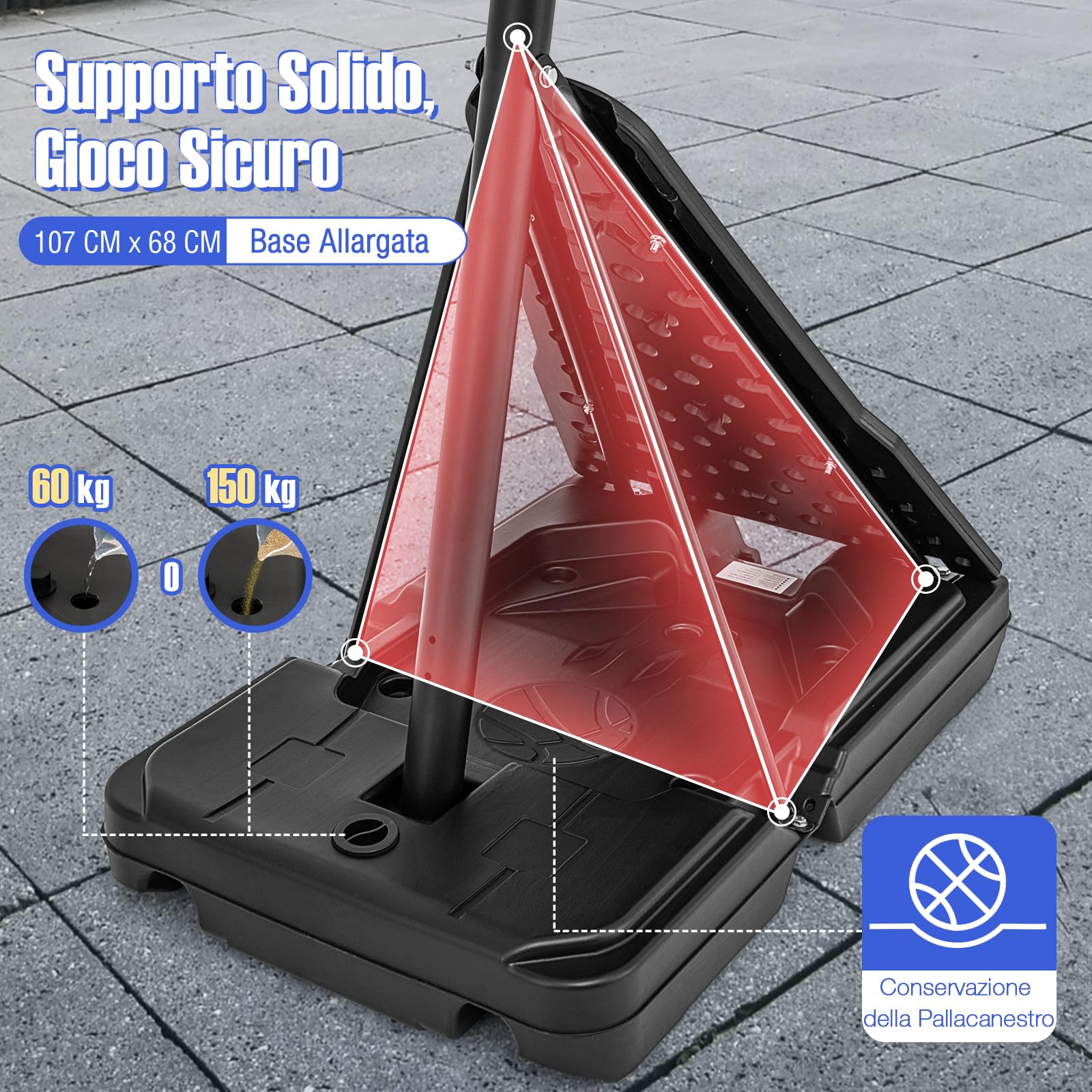 GYMAX Sistema di Canestro da Basket da Interno ed Esterno, Canestro Basket con Tabellone in PC Antirottura Infrangibile 112 Cm, Base Riempibile e Ruote, Canestro Regolabile in Altezza da 1,5-3,05 m