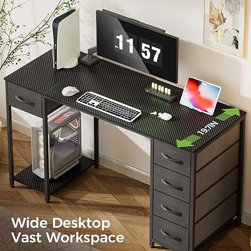 Miniatura 5 de LUCKRACER Escritorio para computadora con 5 cajones de tela, escritorio de oficina en casa de 47 pulgadas con estantes de almacenamiento, mesa de