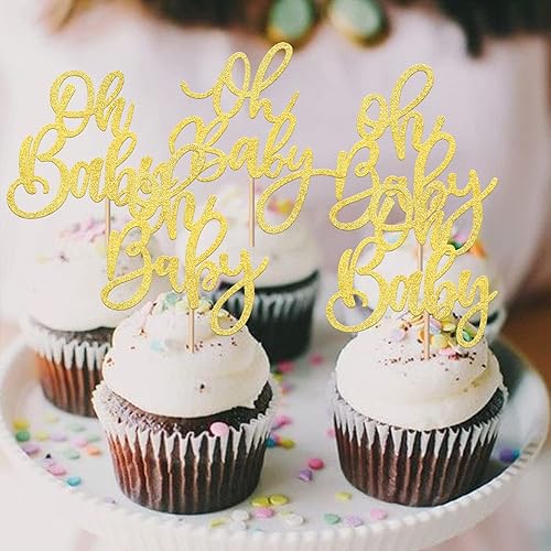 Miniatura 3 de Rsstarxi Paquete de 24 adornos para cupcakes Oh Baby con purpurina dorada para baby shower, para celebrar baby shower, fiesta de cumpleaños de