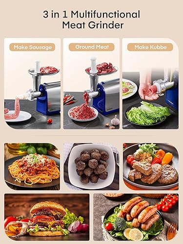 Miniatura 2 de Aiheal - Picadora de carne eléctrica, máquina de rellenar salchichas con 2 cuchillas y 3 platos, 2000 W máximo, 3 tubos de relleno de salchichas y