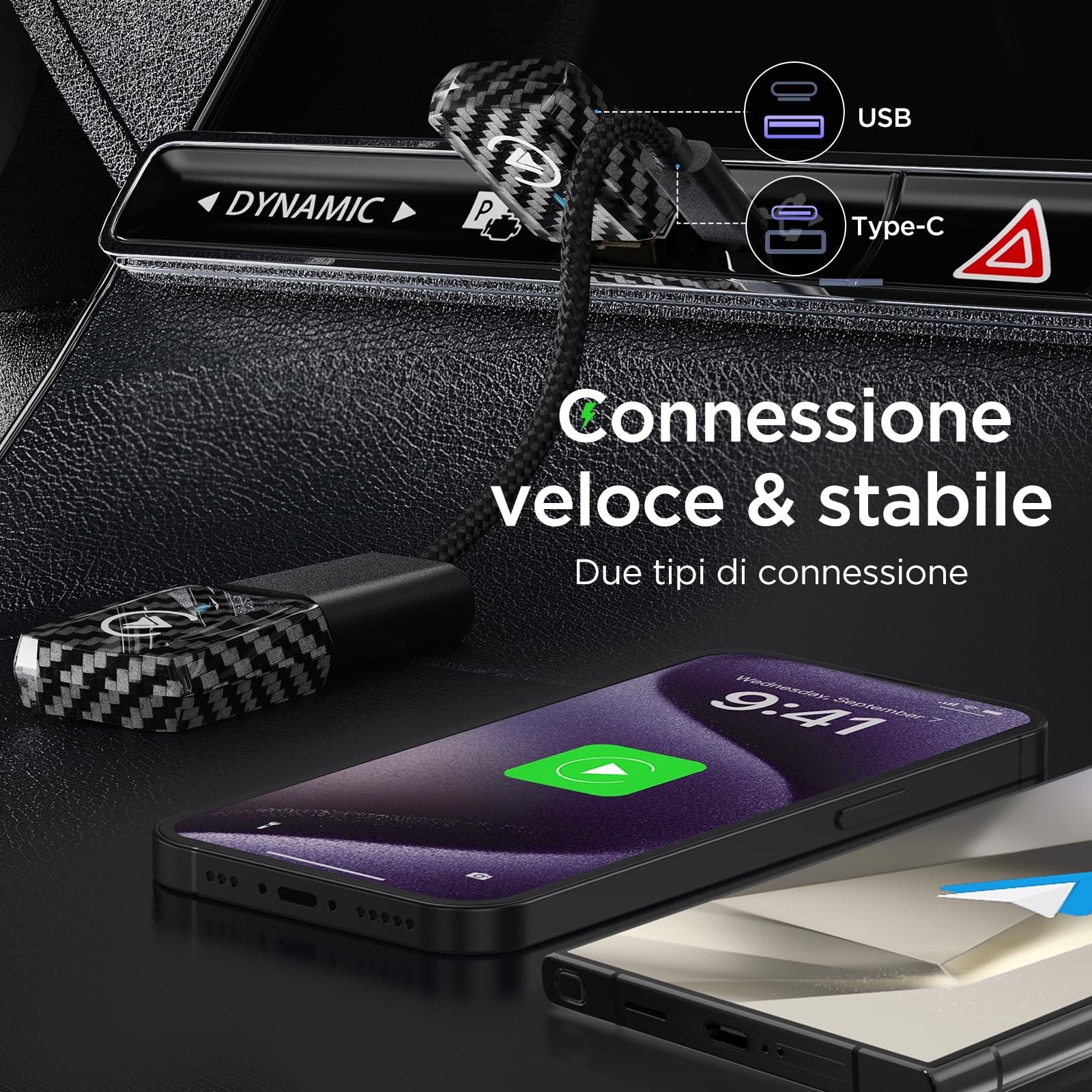 MSXTTLY Adattatore Android Auto Wireless, Carplay Wireless per iPhone 17-12 & Android 11+, Bluetooth 5.3, Dual Core WLAN 5.8GHz, Veloce e Stabile