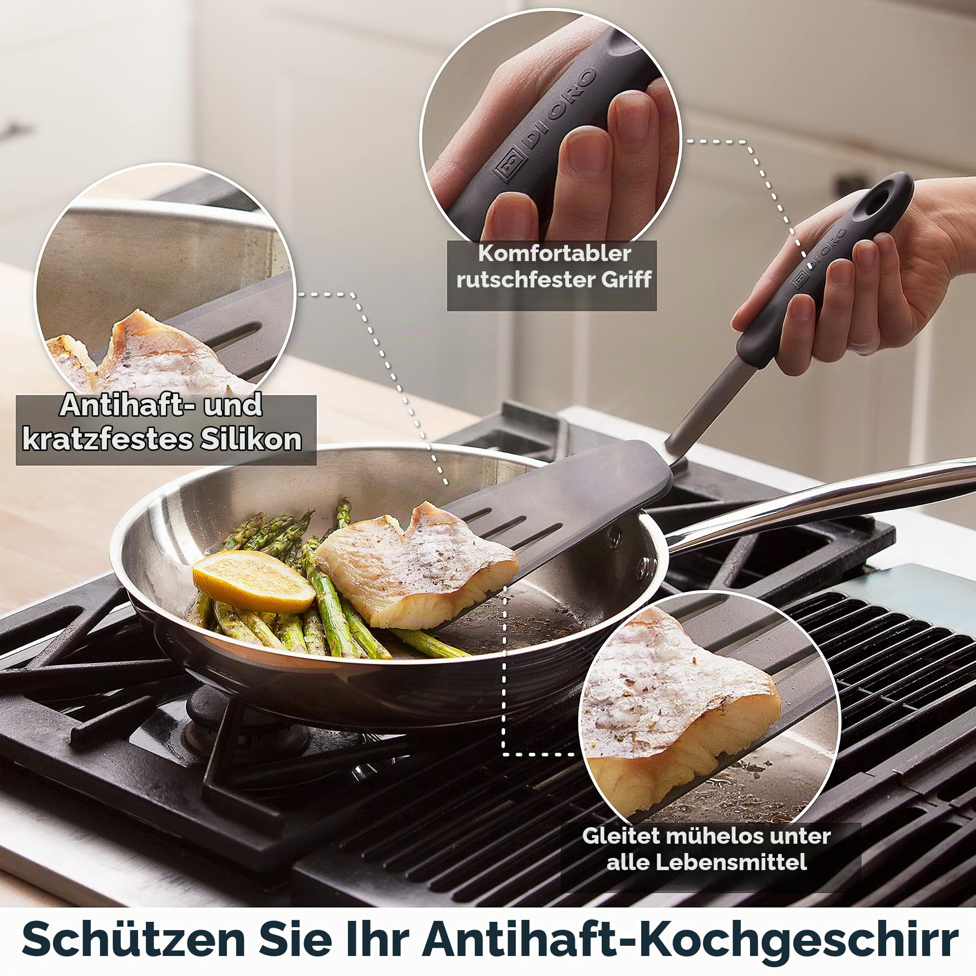DI ORO Pfannenwender Silikon - 315°C Hitzebeständige Silikonspatel, BPA-frei - Küchenhelfer-Set für beschichtete Pfannen - Spatel für Eier, Crêpes und Burger - Robustes Küchenutensilien-Set (3-Teilig)