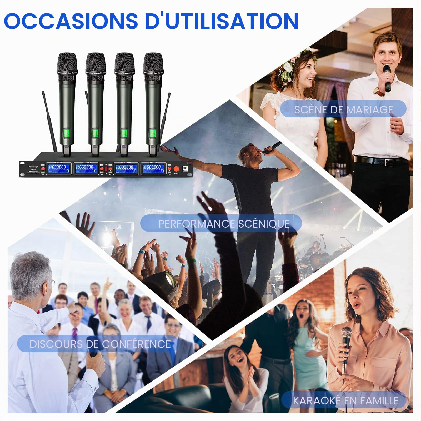 Microphones sans fil Depusheng portable dynamiques 4 canaux, kit karaoké, réception 100 mètres, idéal scène mariage