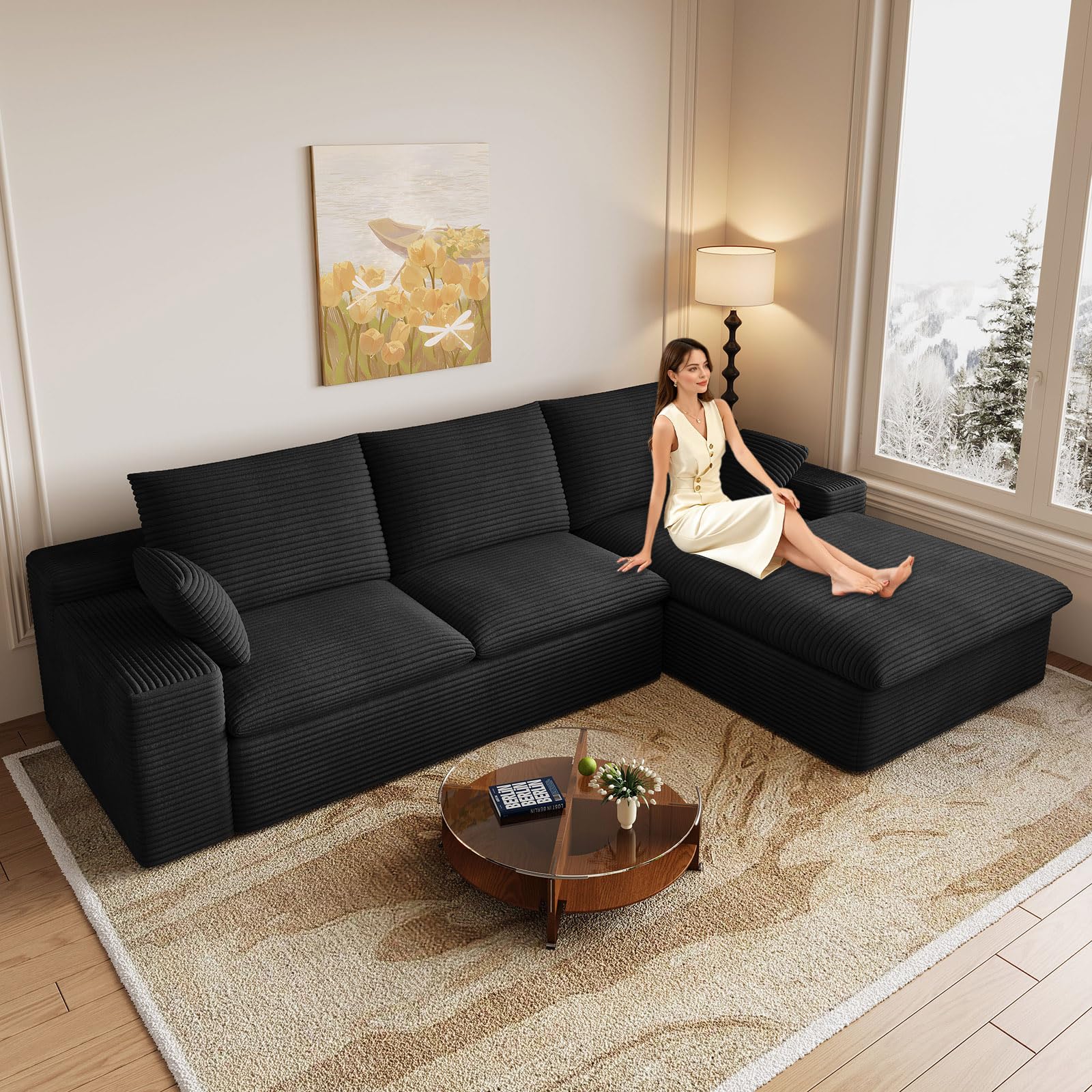 107" Cloud Couch Modular Sectional Sofa for Living Room, L-Shape Boneless Couch with Deep Seat, Modern Corduroy 3-Seater, No Assembly Required (Black,Right-Facing Chaise)