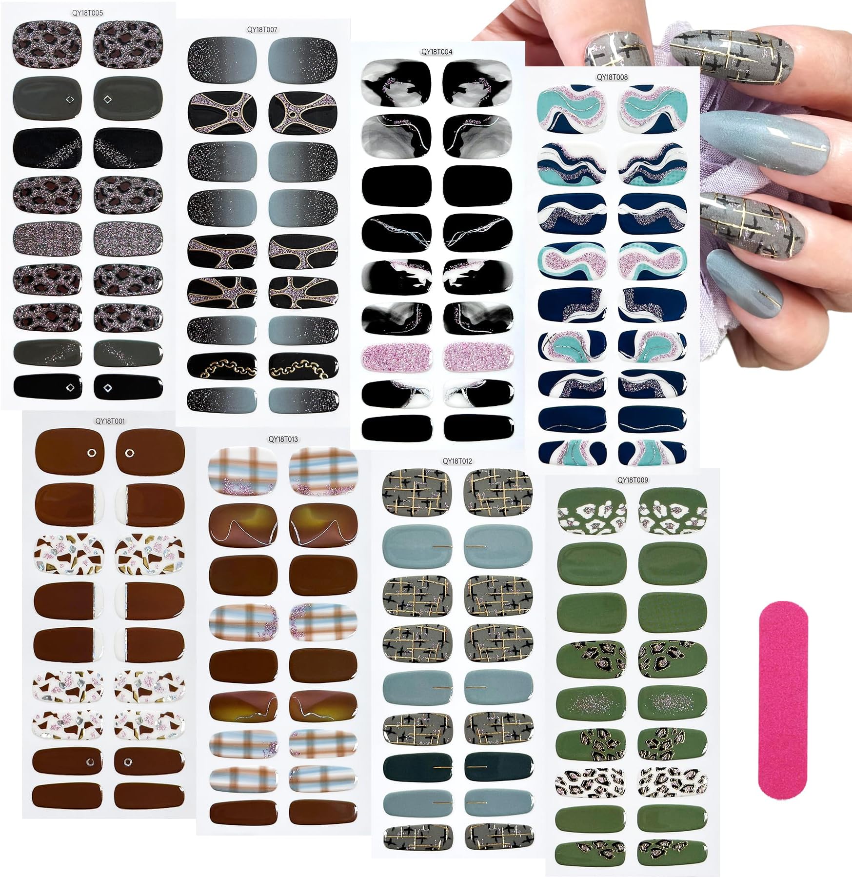 MWOOT 8 Sheets Nail Stickers Adhesive, 9 Sizes Full Nail Wraps Decals for Fingernail Art, Colors Fingernail Stickers Nails Strips, Decoración de Uñas, Stick on Nails for Women, Sticker Decorations