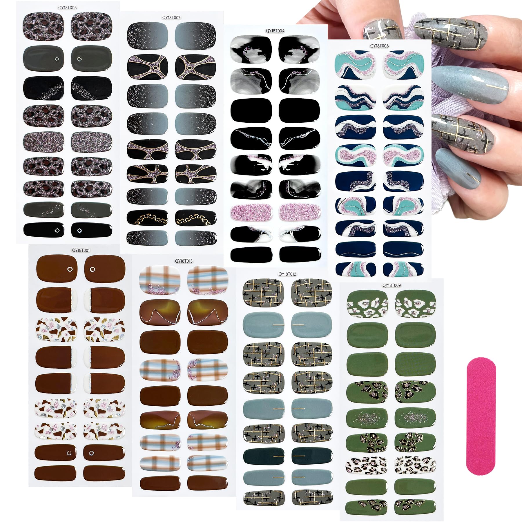 8 Sheets Nail Stickers Adhesive, 9 Sizes Full Nail Wraps Decals for Fingernail Art, Colors Fingernail Stickers Nails Strips, Decoración de Uñas, Stick on Nails for Women, Sticker Decorations