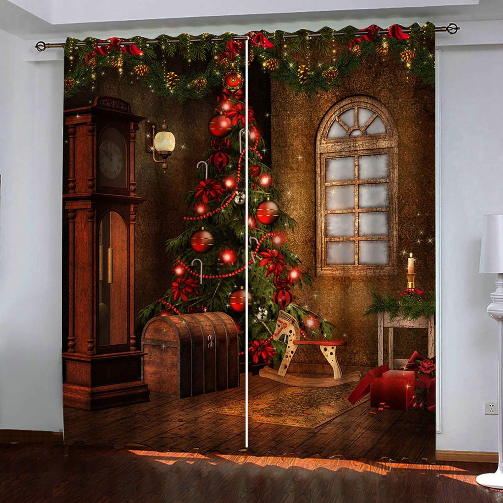 Aeici Zestaw zasłon okiennych 2 panele, dekoracja świąteczna pudełko na choinkę brązowe zielone czerwone zasłony zaciemniające 264 x 244 cm