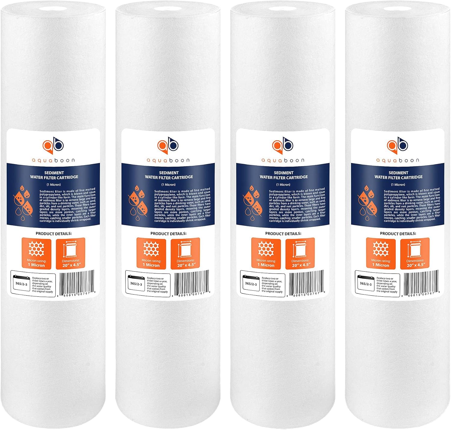 Aquaboon 1 Micron 20" Sediment Water Filter Replacement Cartridge | Whole House Sediment Filtration | Compatible with AP810-2, SDC-45-2005, FPMB5-20, P5-20, FP25B, 155358-43, 4 Pack 4-PACK