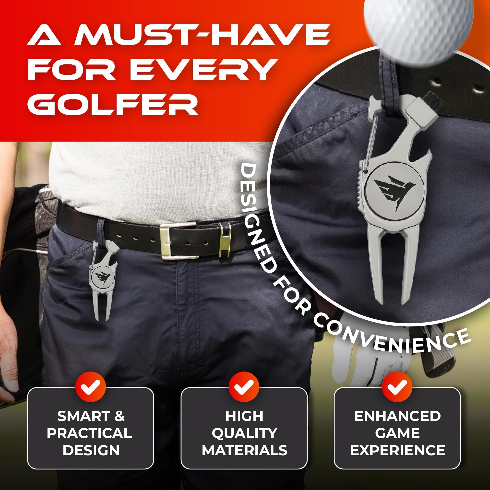 SWIFTEE Herramienta de reparación de marcas de campo de golf 7 en 1 – Soporte para palo, cepillo, hebilla de clip, limpiador de ranuras, abridor de botellas, marcador de bola, herramienta de divot