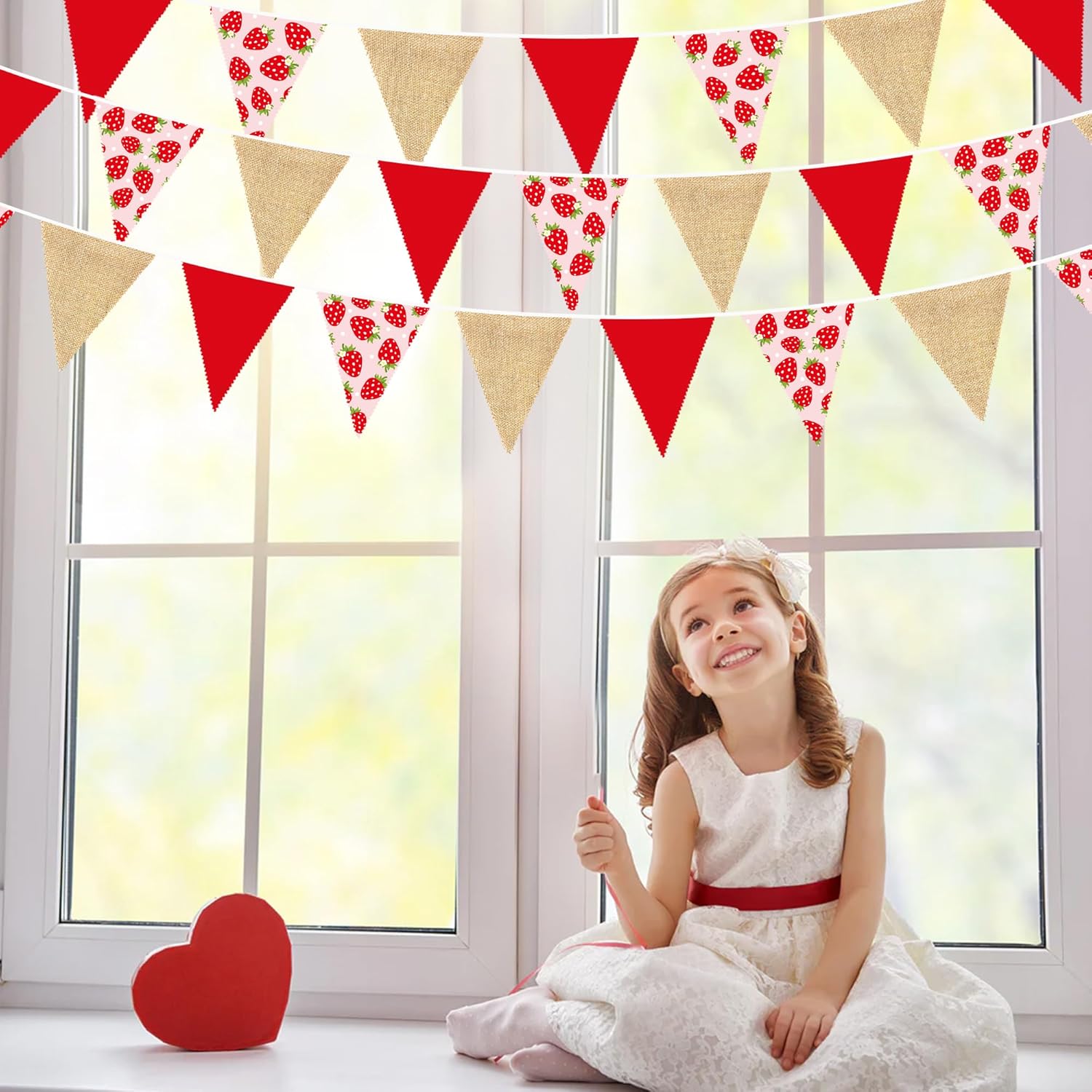 32Ft Strawberry Party Decorations Red Strawberry Burlap Triangle Flag Fabric Banner Pennant Garland Streamer for Berry Sweet Girls Birthday Wedding Engagement Baby Shower Rustic Party Decor Supplies - Image 5