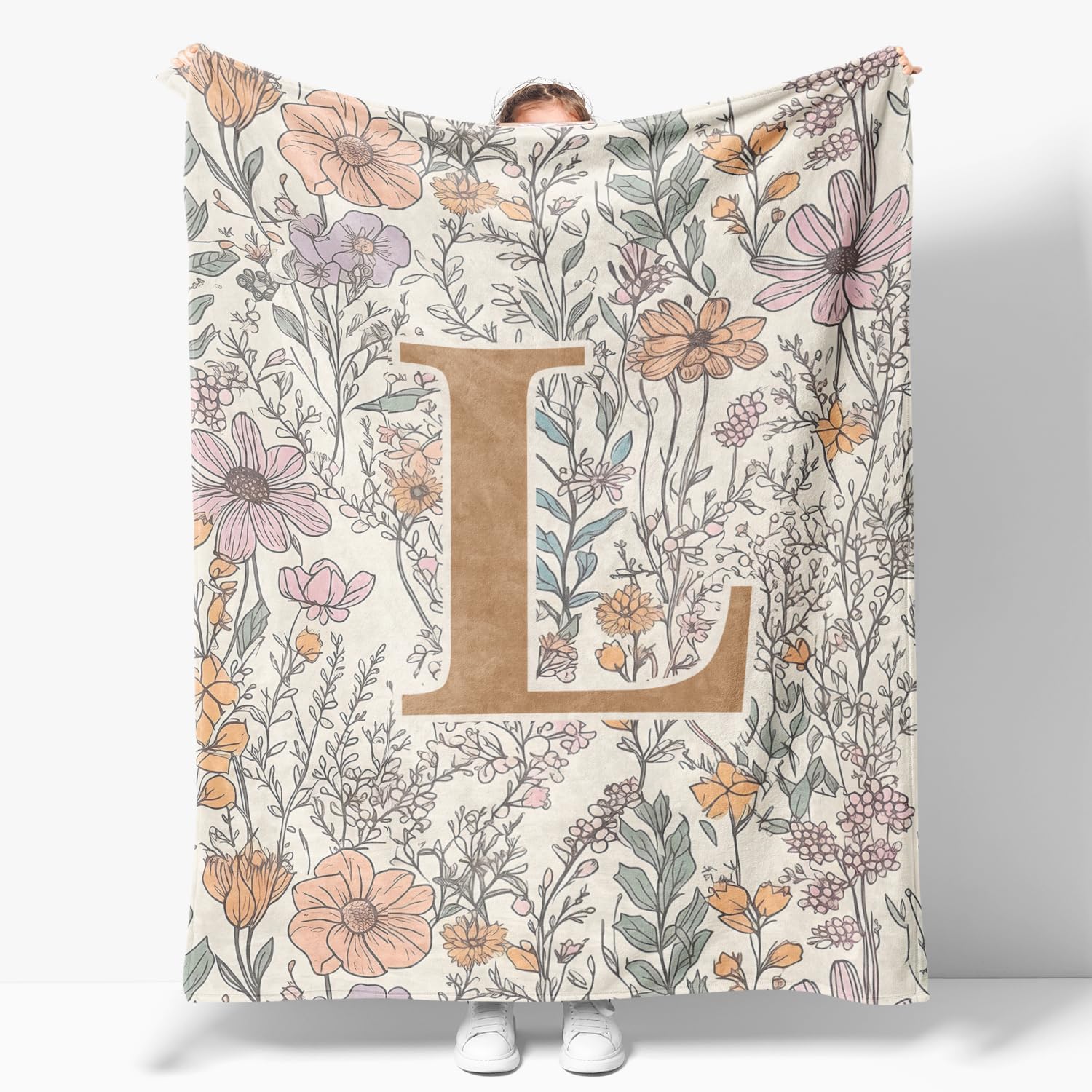JXREQ Throw Blanket Initial Letter L Personalized Monogrammed Gifts for Women Teen Girls Frends, Boho Floral Throw Blankets for Bed Sofa Living Room Office, 50x60 Inch