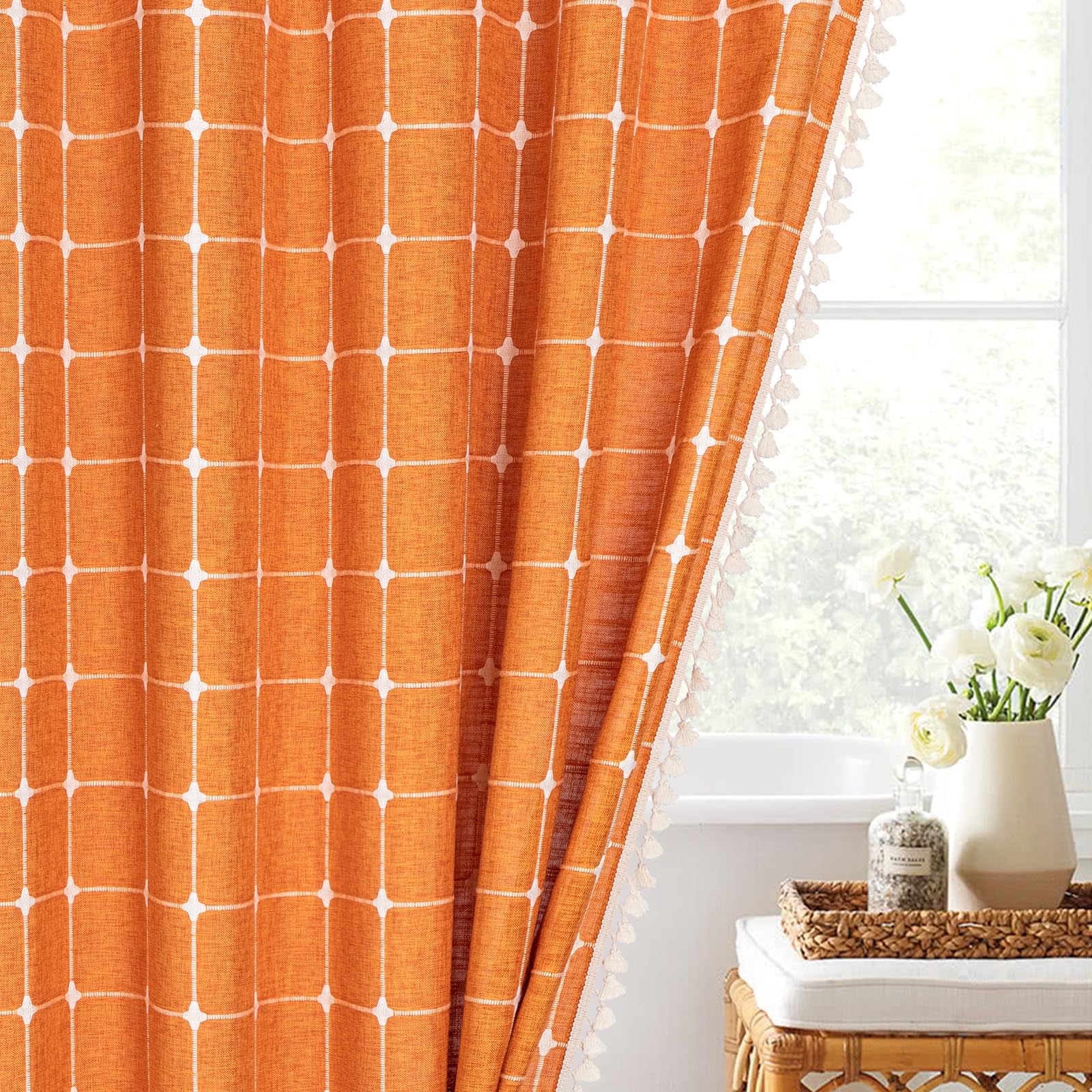 MitoVilla Cortina de ducha, 183 x 198 cm, set de cortina de ducha naranja de algodón y lino con borlas, set para decoración de baño rústico chic estilo francés campestre romántico