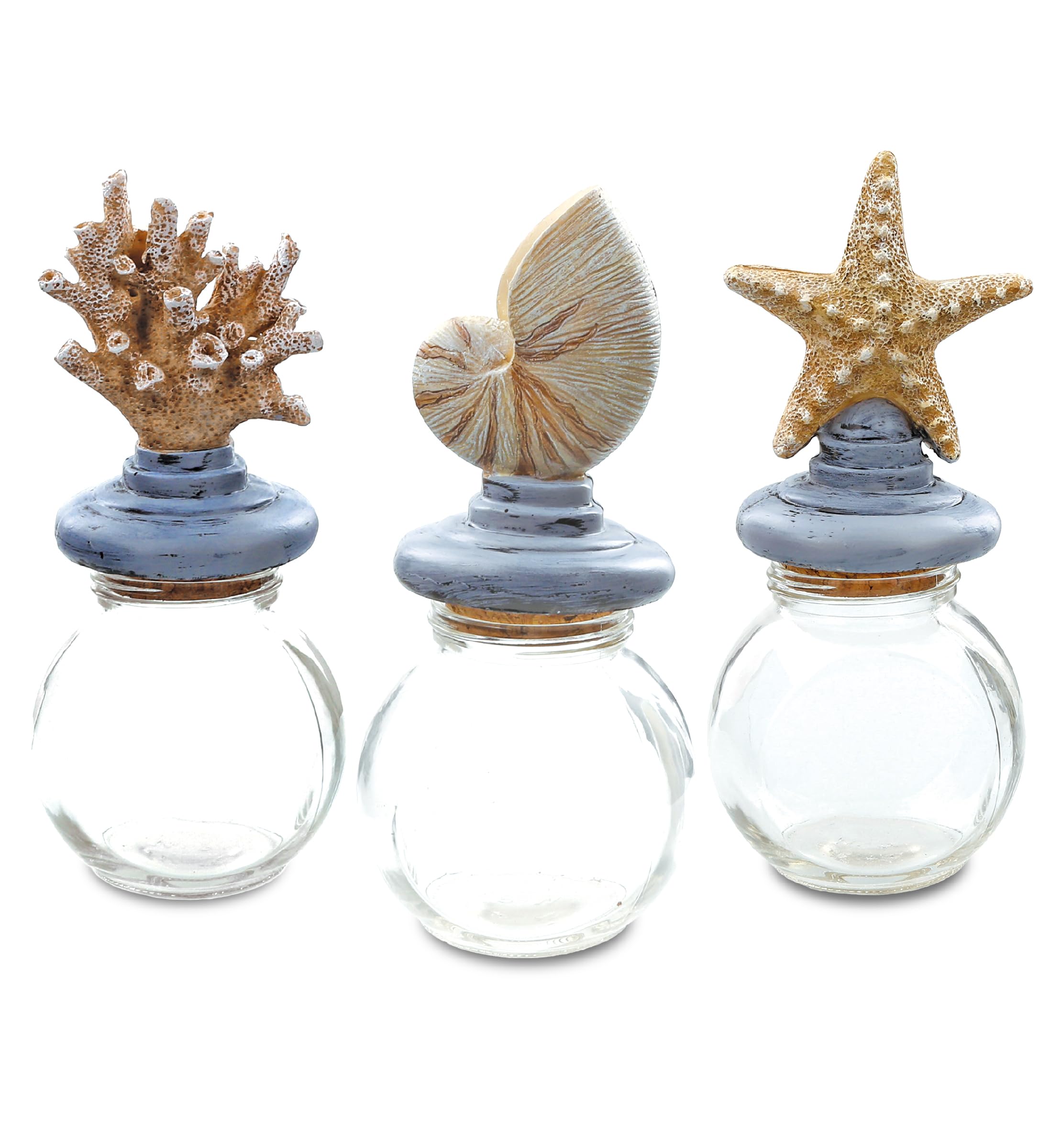 CoTa Global Resin Nautical Seashell Glass Bottles with Cork - Decorative Bottles with Sea Shell, Starfish, and Coral Lids, Glass Jars for Beach Home Decor, Food, Spices, and Storage - Set of 3