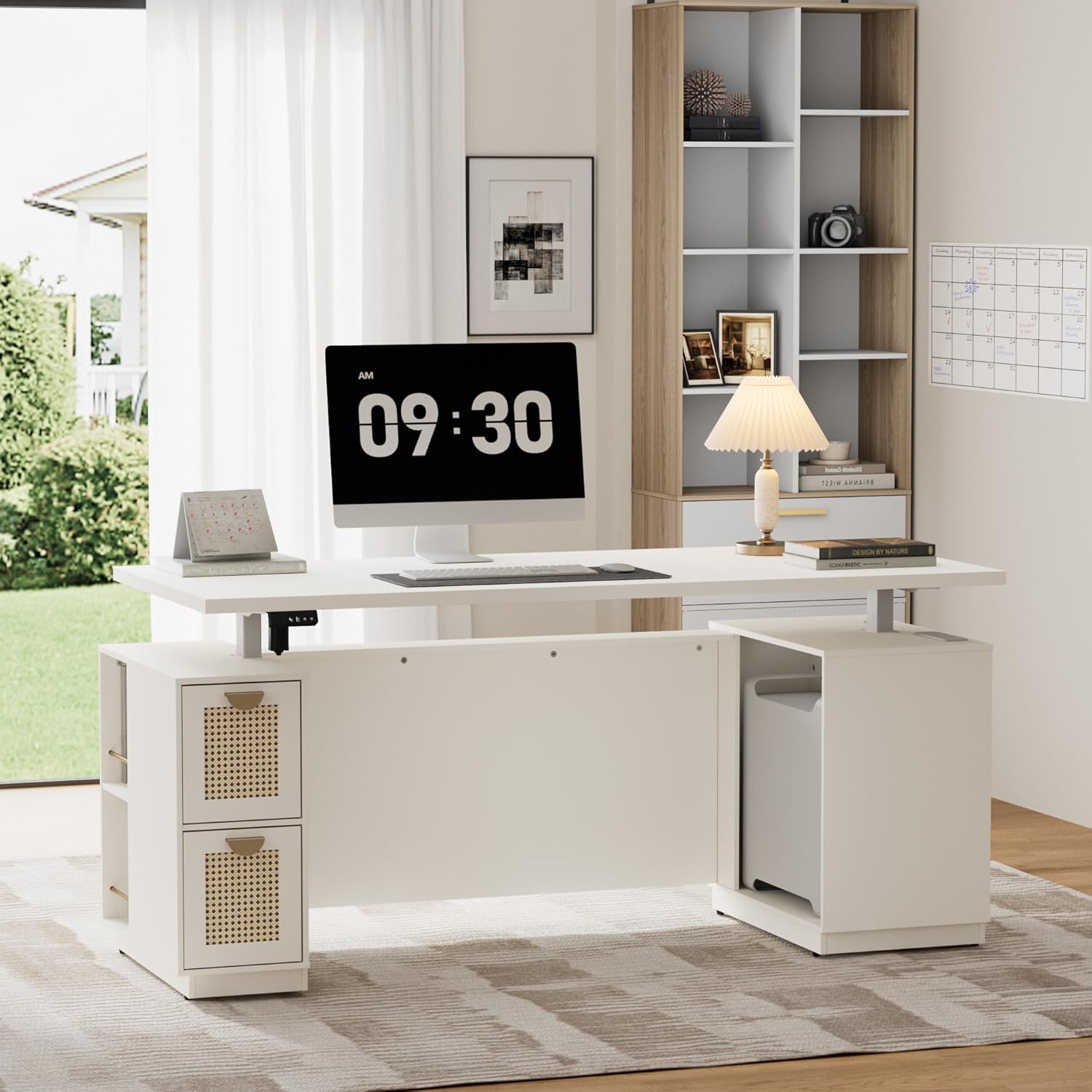71" Standing Desk with Storage, Large One-Piece Desktop, Electric Height Adjustable Stand Up Executive Desk, Privacy Panel, AC/USB, Host Storage, White Rattan