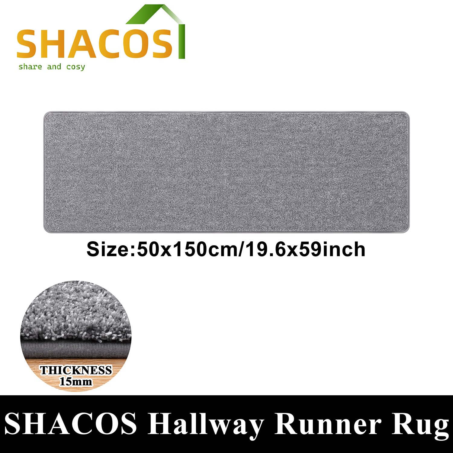 SHACOS Alfombra de pasillo gris 50x150 cm, antideslizante, lavable, parte trasera goma