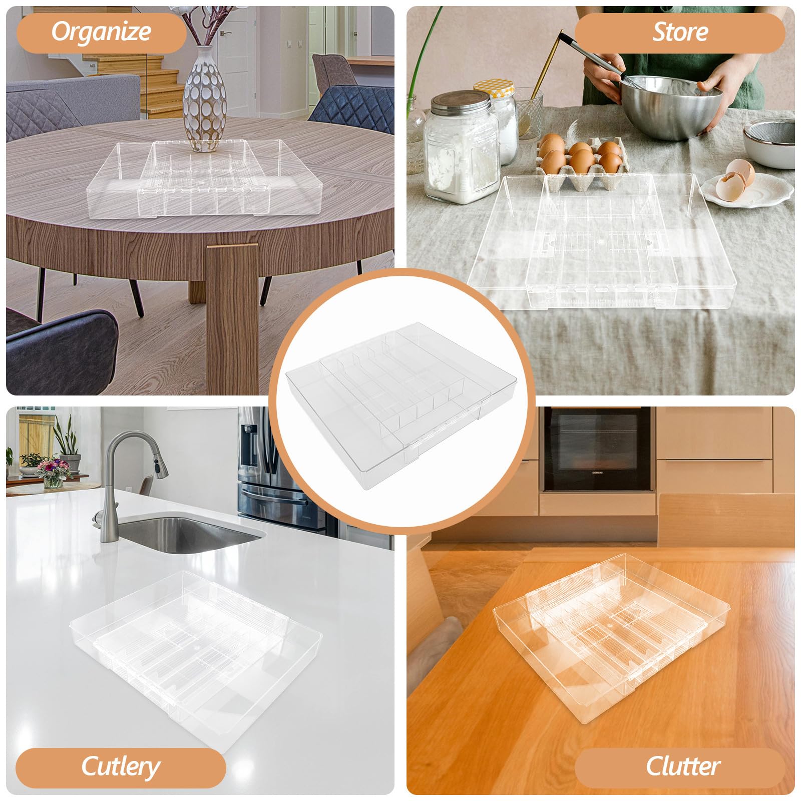 Organizador y Compacto Múltiples Compartimentos, Resistente de Cubiertos Ajustable de Acrílico para Cajón para Cocina y Oficina