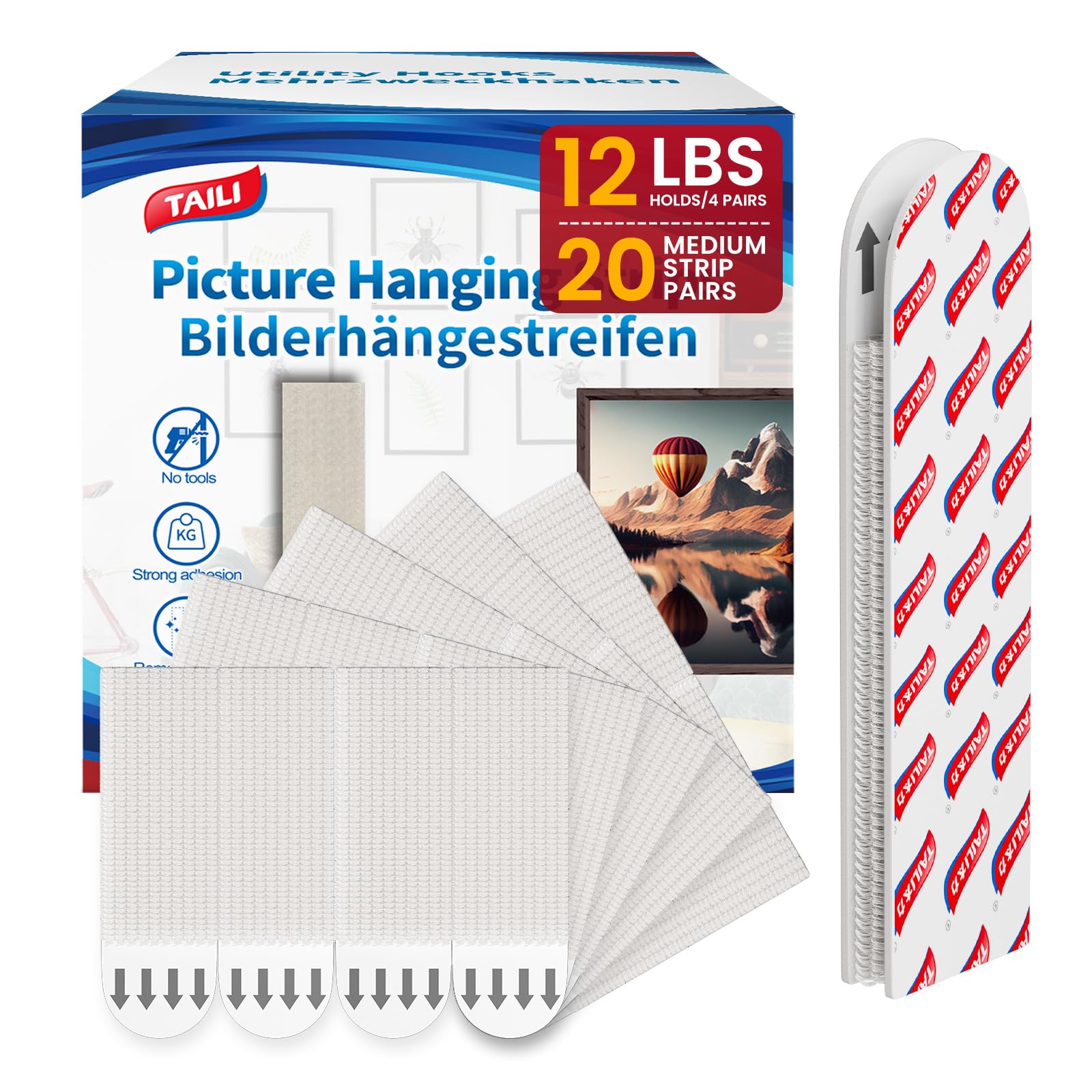 TAILI Picture Hanging Strips Heavy Duty, Medium 20 Pairs (40 Strips) Frame Hanger for Walls, Pictures Haing Kit Without Nail, Damage Free Adhesive