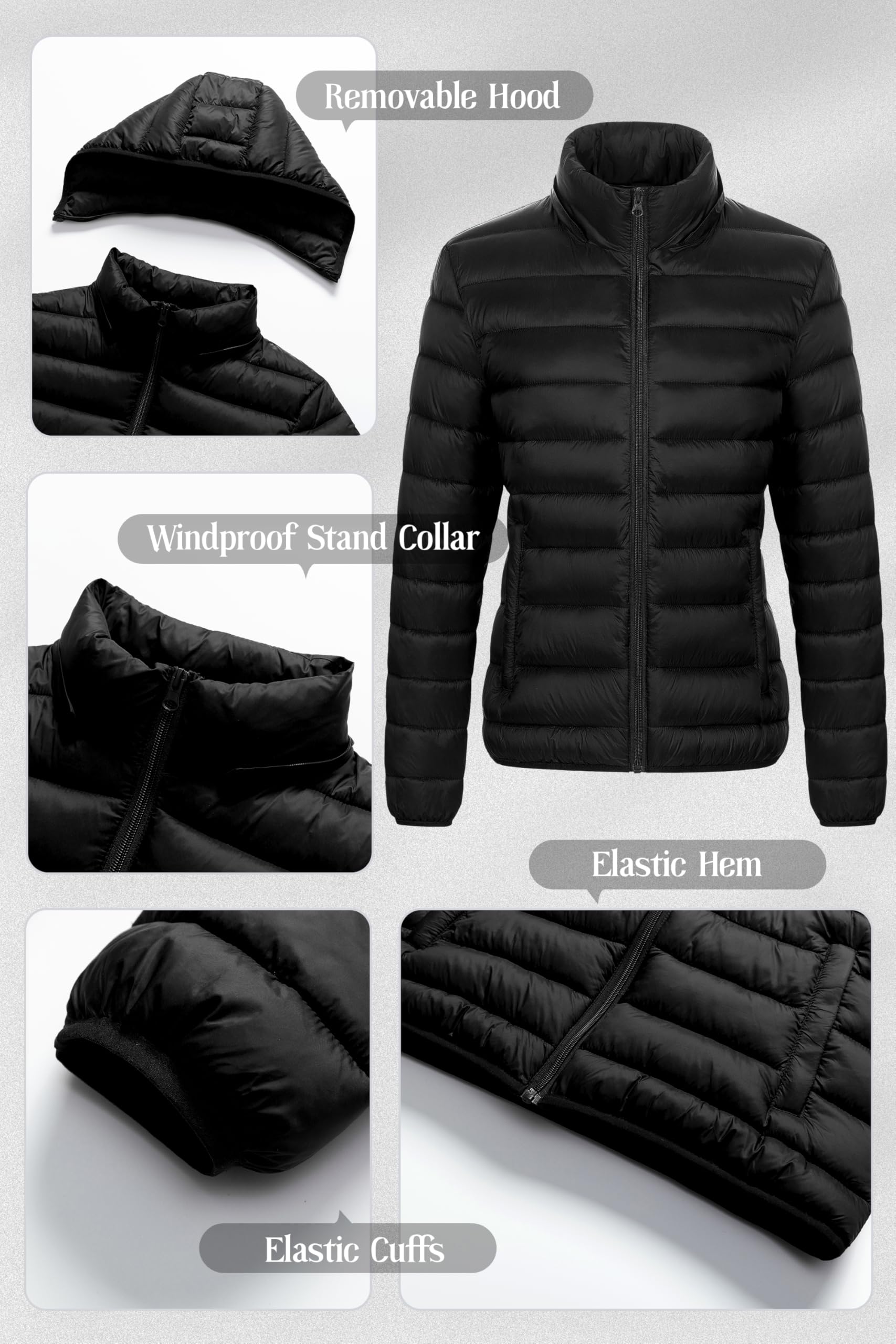 Chrisuno Chaqueta ligera acolchada corta para mujer, abrigo de invierno cálido con capucha extraíble