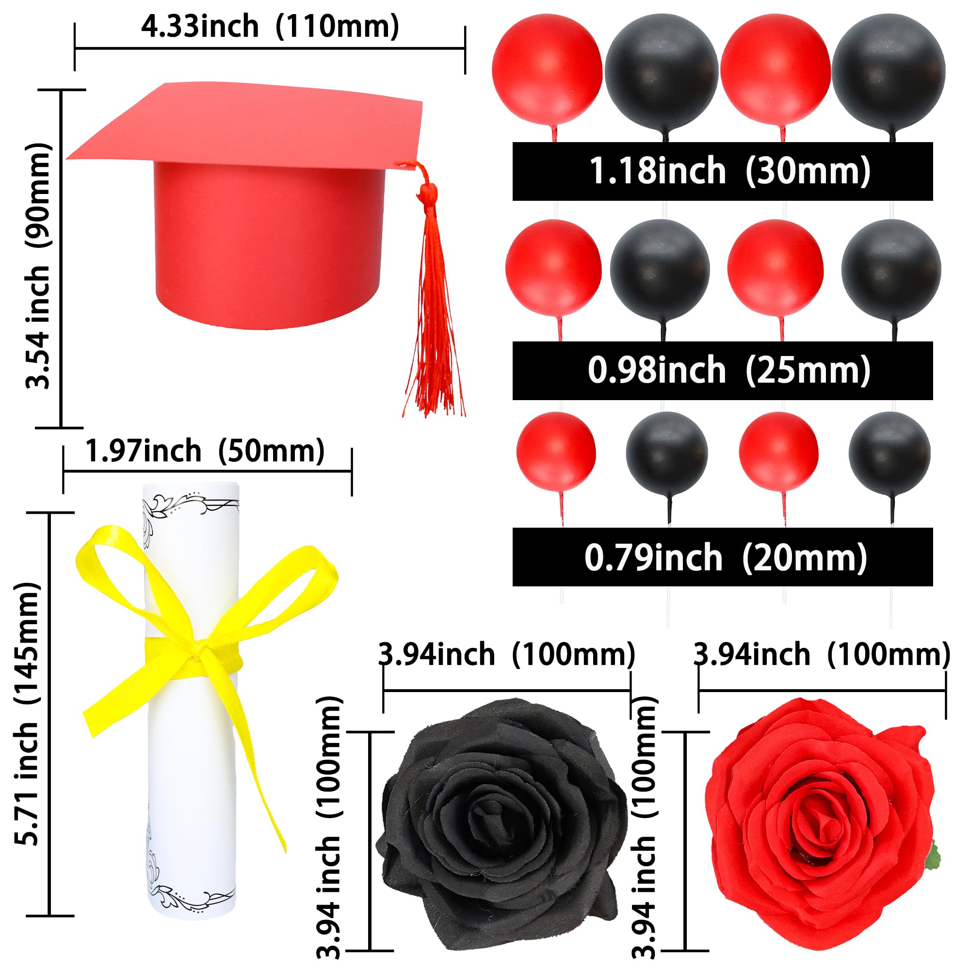 Gyufise 40Pcs 2025 Graduation Cake Topper Decoration Diploma Done Diploma Grad Cap Cake Pick Balloon Flower Prom 2025 Cake Decorations for Class of 2025 Congrats Grad Party Supplies Red Black - Image 2