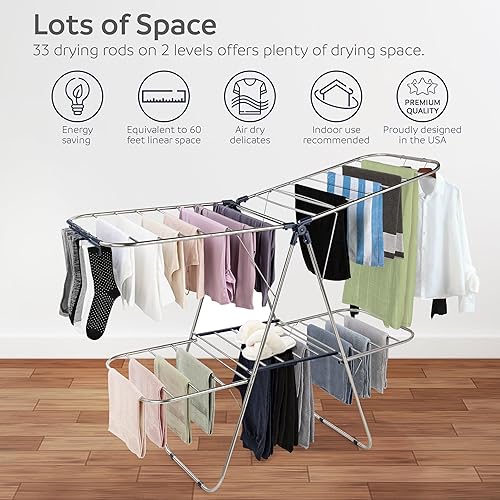 Miniatura 3 de Smartsome Tendedero plegable de acero inoxidable de 2 niveles con alas ajustables en altura, 33 rieles de secado, clips para calcetines, plateado y