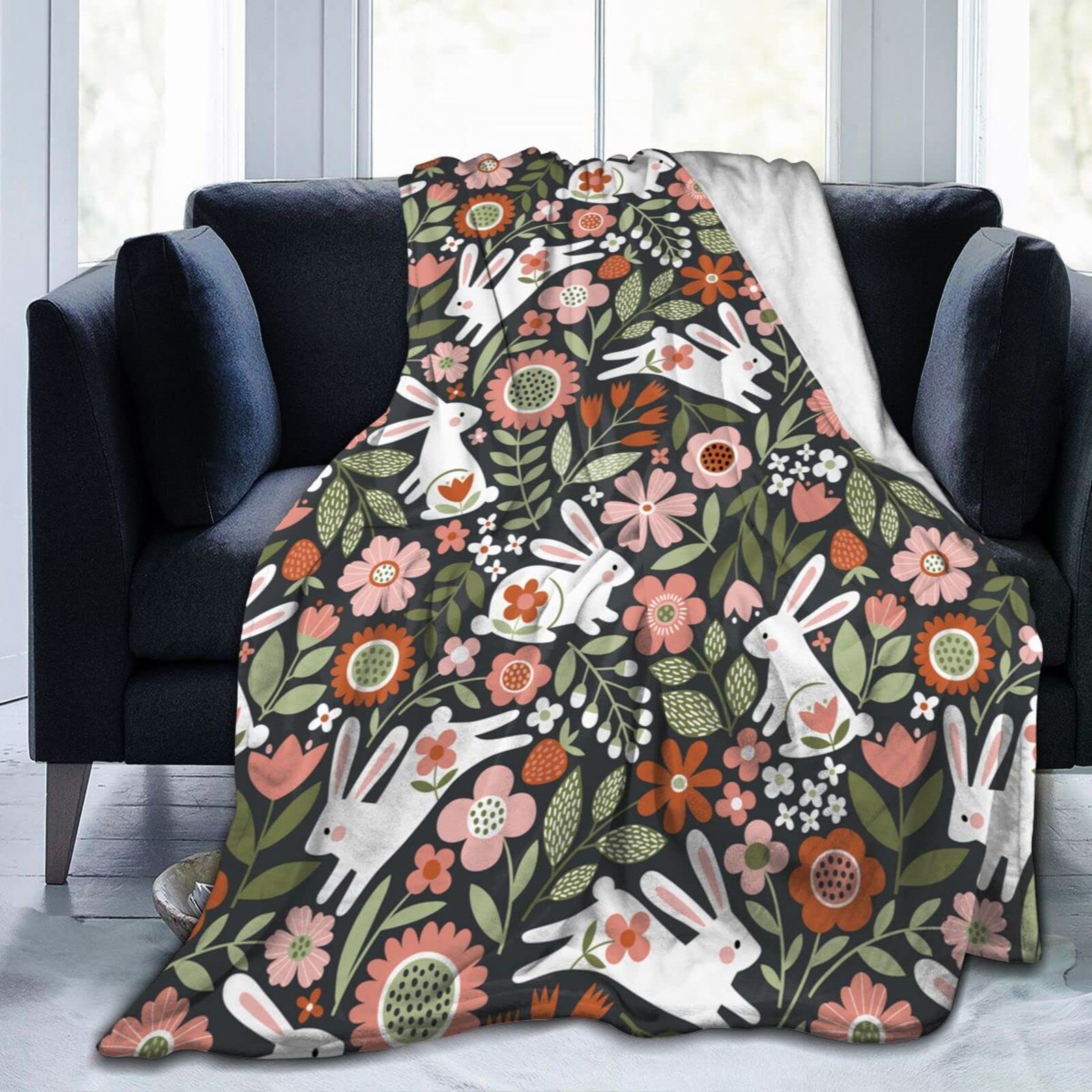 Lsjuee Cute Easter Bunny Throw Blanket Warm Cozy Lightweight Blankets Easter Rabbit Flannel Blanket for Sofa Couch Bed Office Holiday Decorative 50"X40"