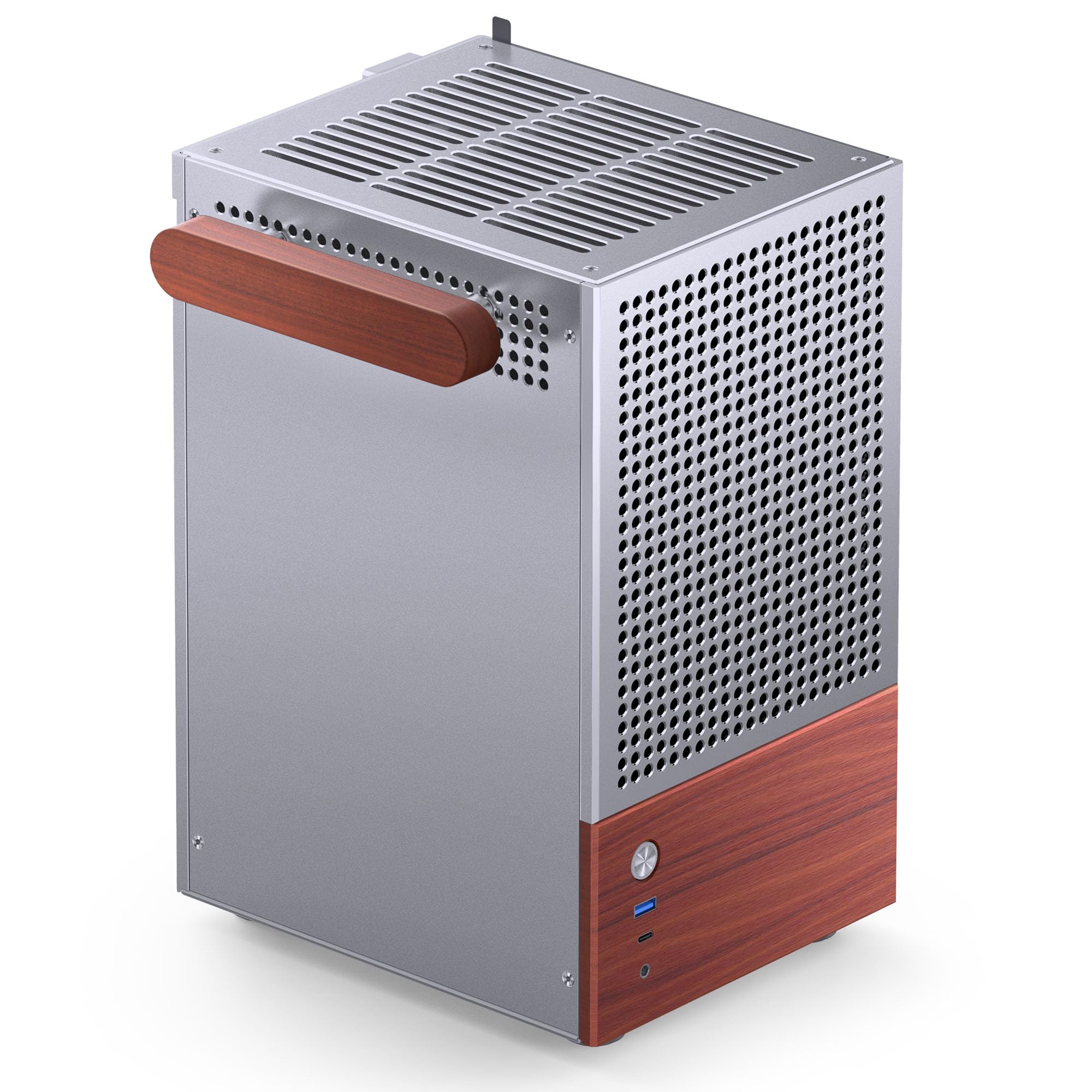 Jonsbo T6 Mini-ITX PC-Gehäuse – Silber, Tempered Glass & Holzgriff, Aluminium & Stahl, kompaktes Mini-Tower Case