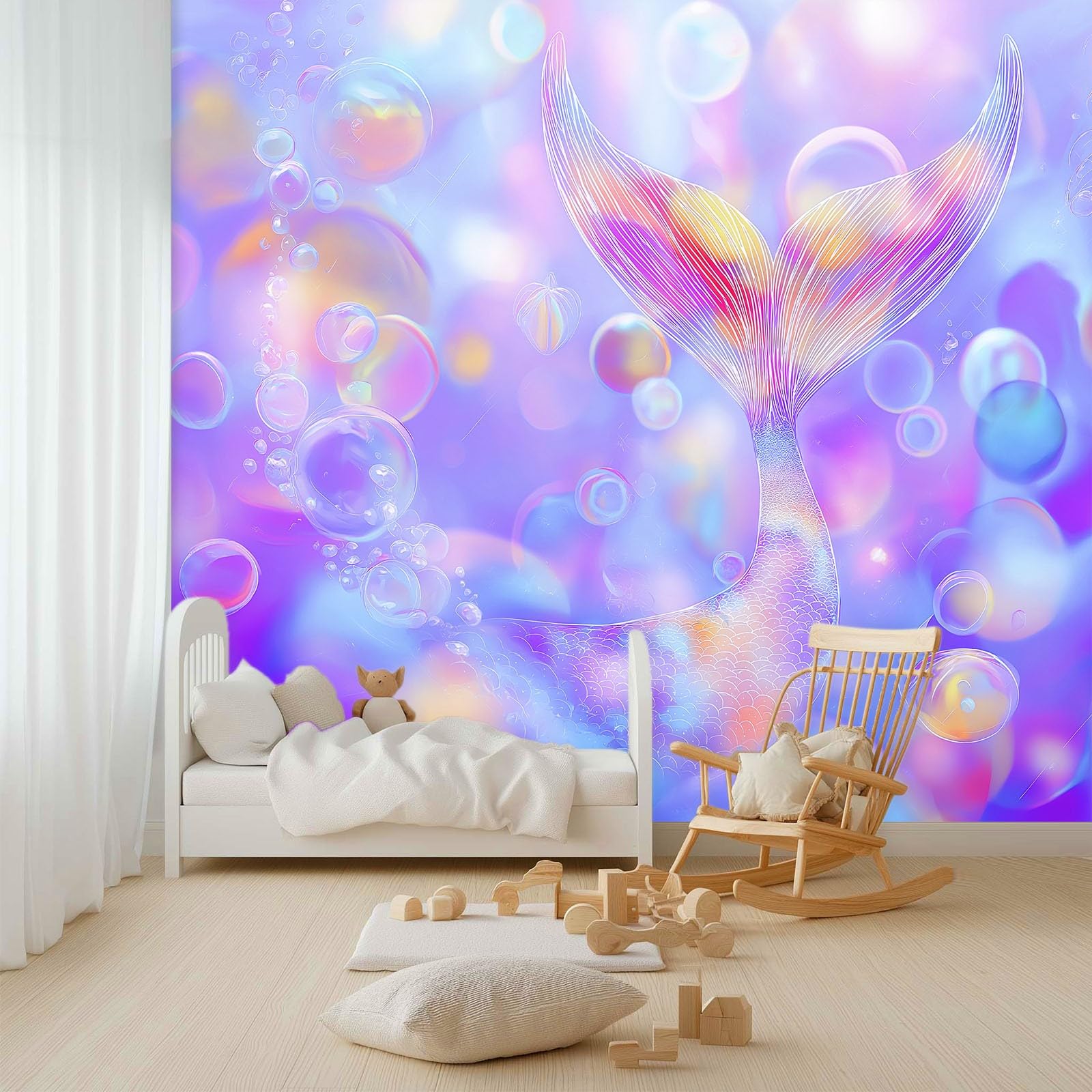 Panoramiczna tapeta 3D 250 x 175 cm fantazyjne zwierzęta syrenka bąbelki tapeta z włókniny, plakat ścienny do salonu, dekoracji pokoju dziecięcego, łatwy montaż, fioletowy