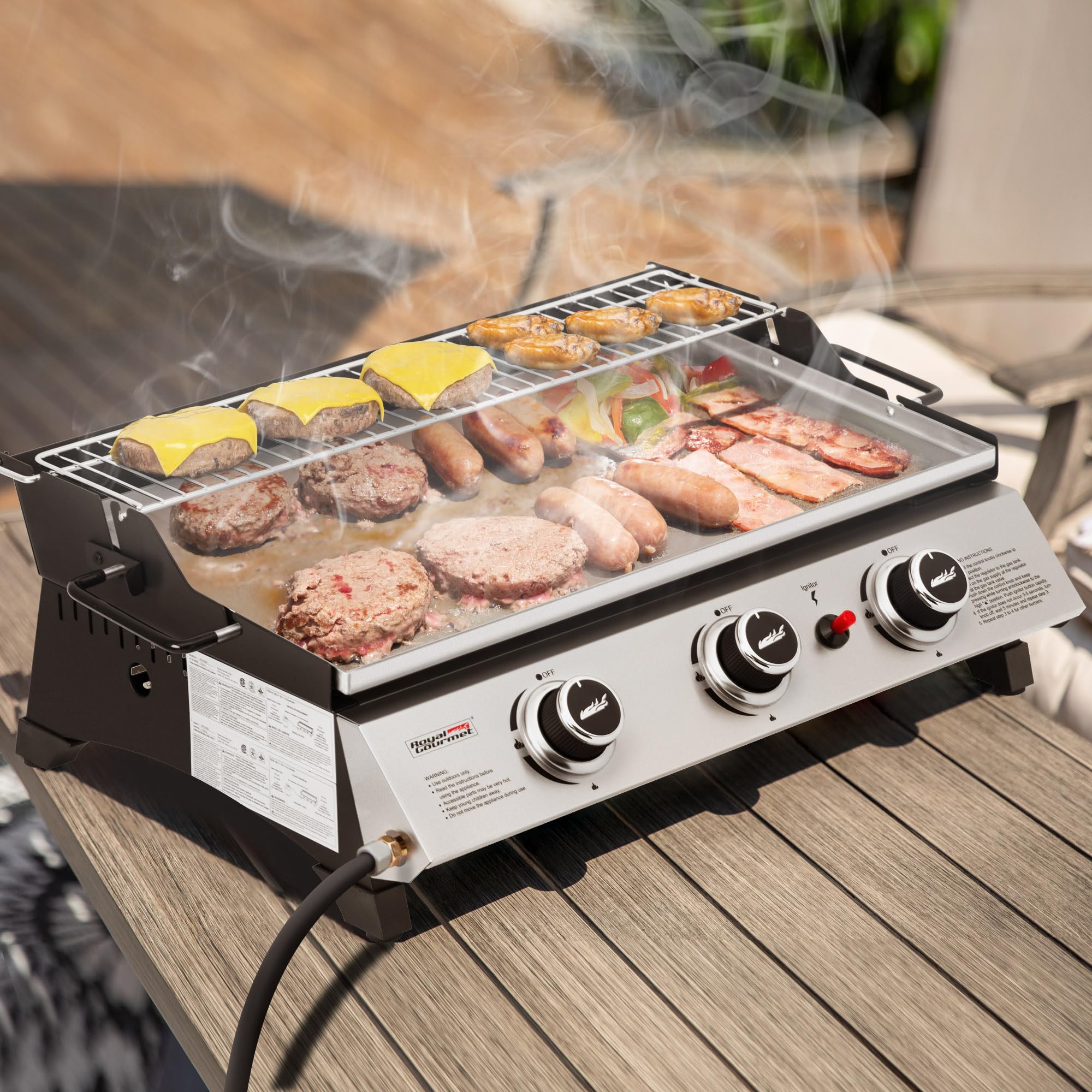 Royal Gourmet PD1303S – Plaque de cuisson à gaz portable de 61 cm avec plaque amovible pour barbecue au propane à 3 brûleurs, idéale pour la cuisine en plein air, comprend une grille chauffante et une