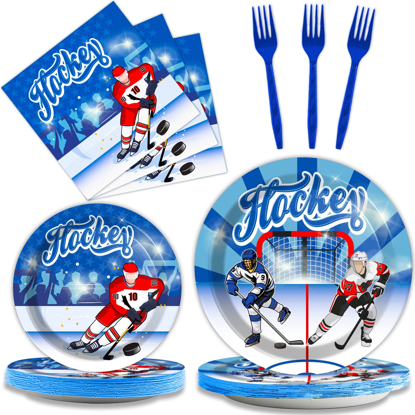 Wiooffen 96pcs Hockey Party Supplies Ice Hockey Birthday Party Plates Napkins Set Disposable Tableware Kit Birthday Party Sport Events Decorations