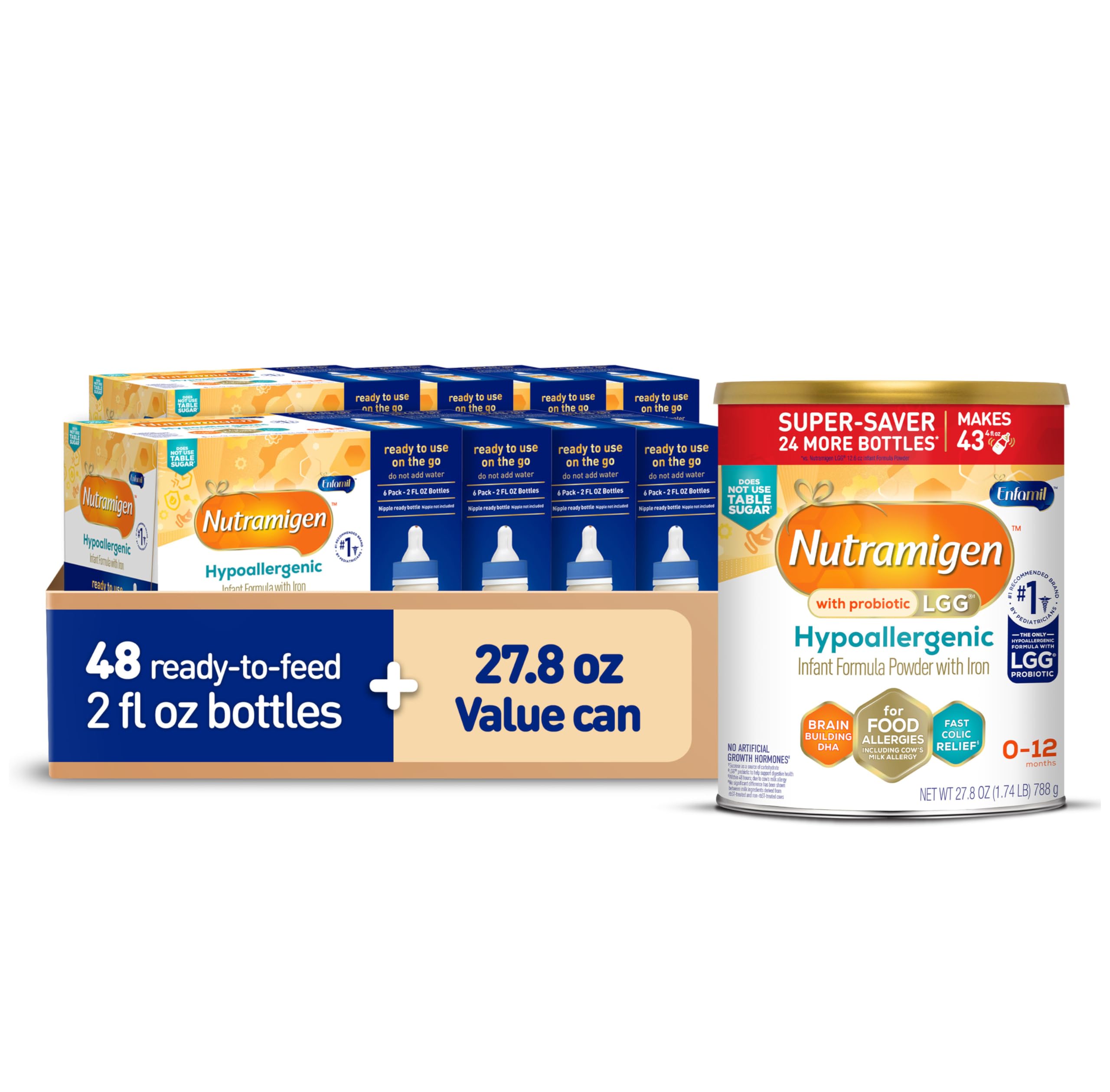 Enfamil Nutramigen Hypoallergenic Baby Formula, Lactose Free, Colic Relief from Cow's Milk Allergy Stars in 24 Hours, Brain Building Omega-3 DHA, 27.8 Oz + 2 FL Oz (48 Count)