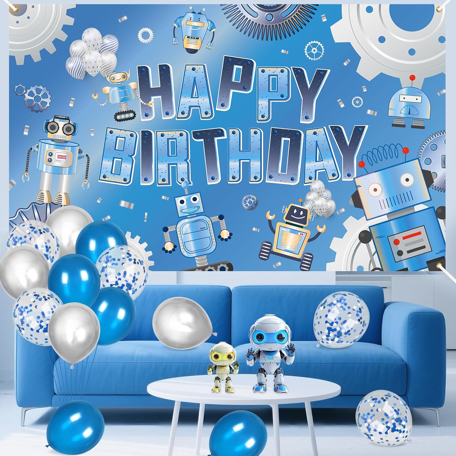 Robot Happy Birthday Banner Decorations Technological Robot Birthday Backdrop Photo Background and 18Pcs Balloons Robot Party Decorations for Kids Indoor Outdoor Party Decoration 70.8 x 43 Inch