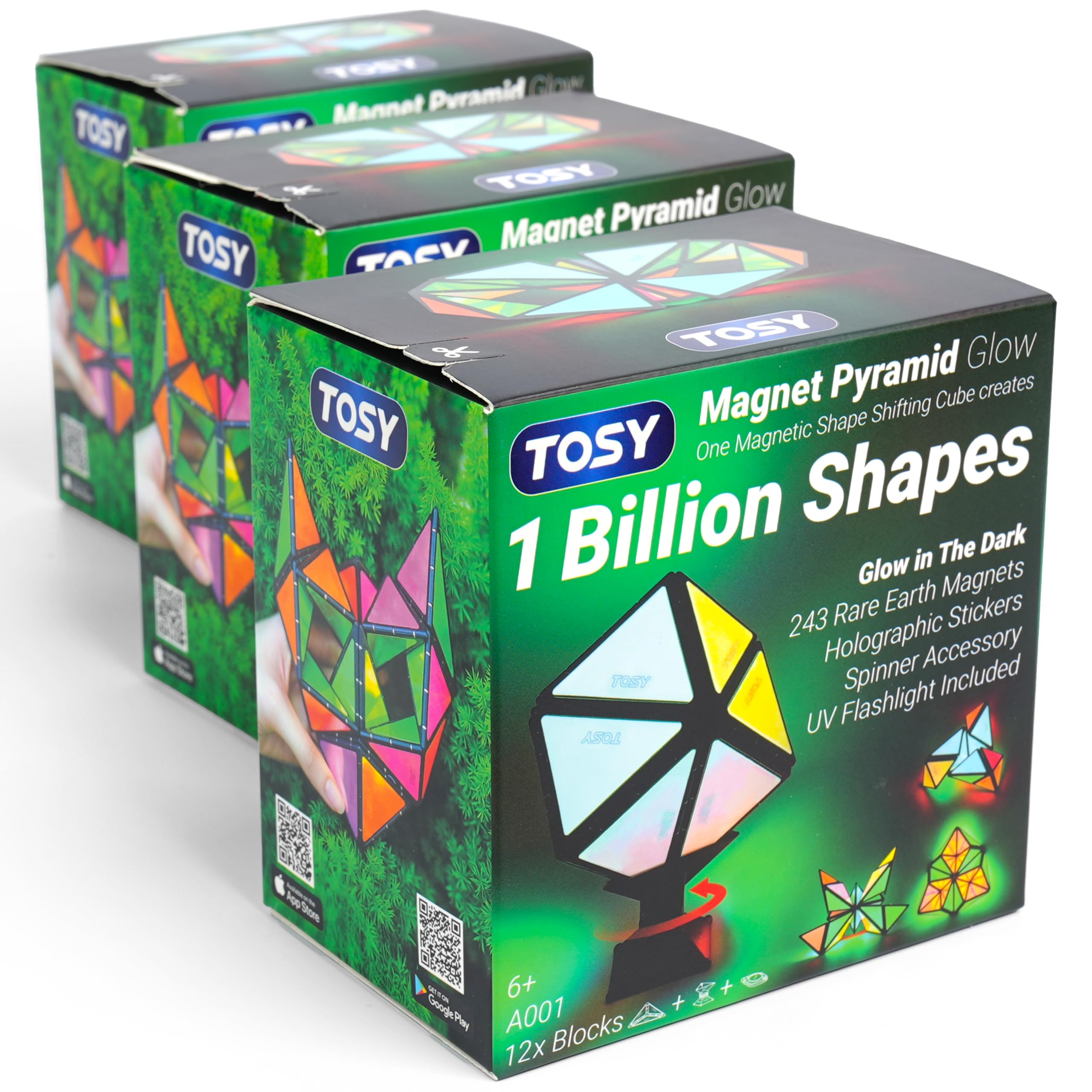 TOSY Magnet Pyramid Glow - 1 Würfel verwandelt Sich in 1 Milliarde Formen, 243 Magnete, leuchtendes, Spinner-Zubehör, Zappel/Puzzle-Spielzeug, Ostergeschenk für Kinder, 3er-Set
