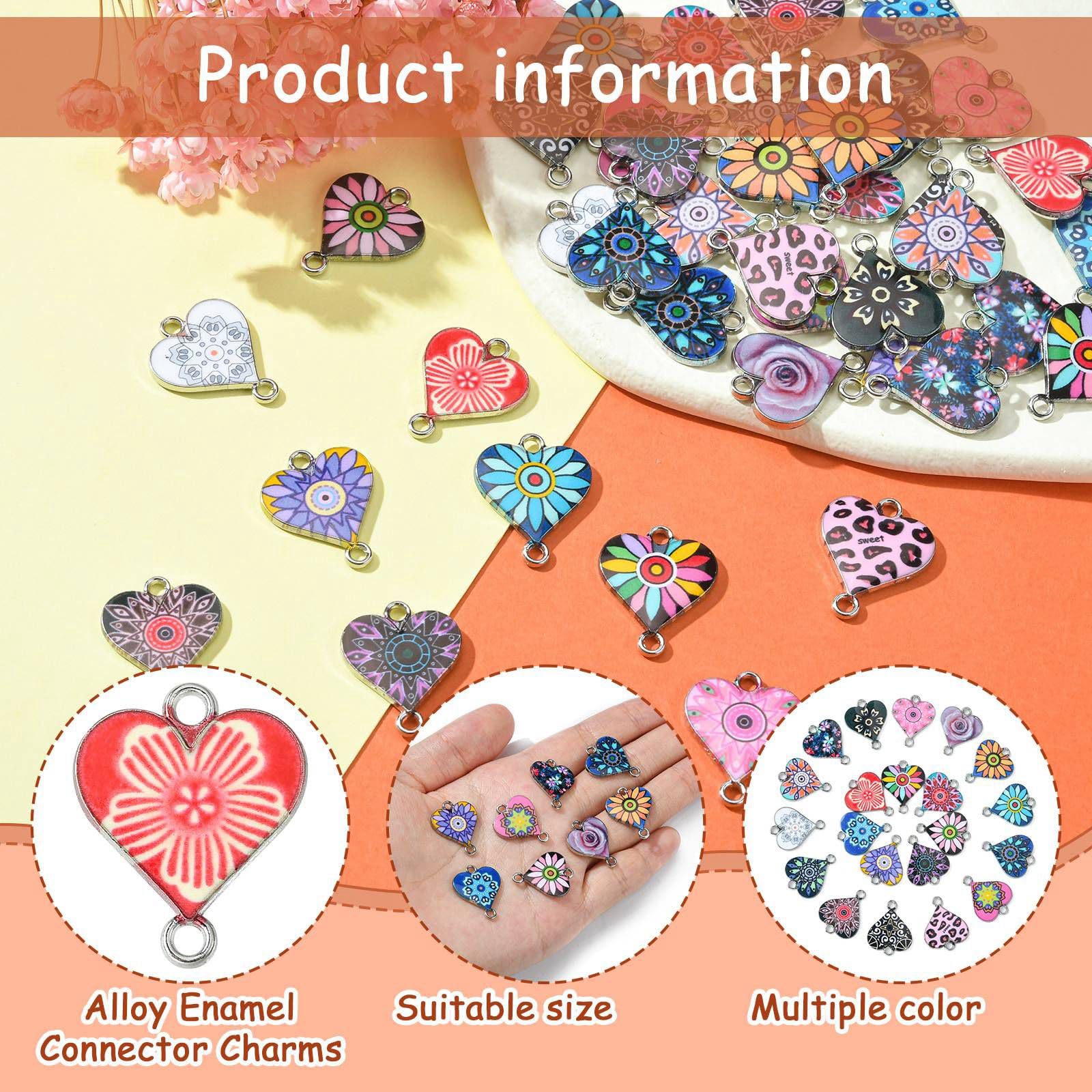 Stiesy 42Pcs Mixed Styles Enamel Heart Links Charms Love Heart Connectors Flower Printed Heart Two Hole Charms for DIY Valentine's Day Crafts Jewellry Making - Image 3