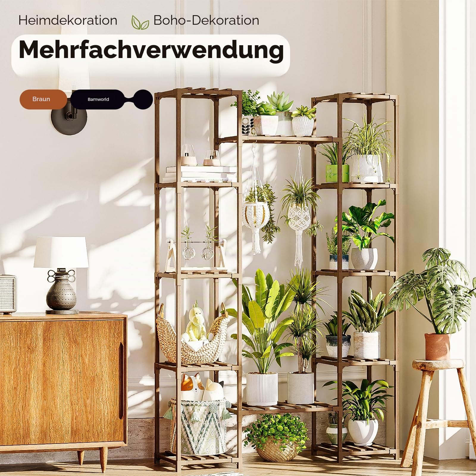 Bamworld Hoher Pflanzenständer Indoor Großes Pflanzenregal Outdoor Eckpflanzenhalter für mehrere Pflanzen Blumenständer für Wohnzimmer, Balkon und Garten