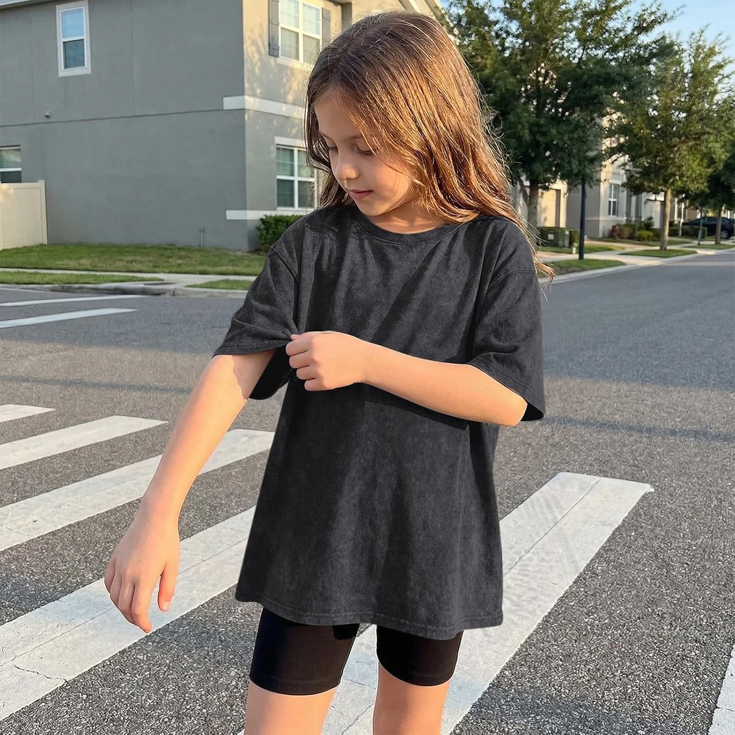 BINTEHGS Girls Oversized T Shirts Kids Cotton Tshirt Summer Short Sleeve Tops Kids Acid Wash Shirt Basic Crew Neck Tee