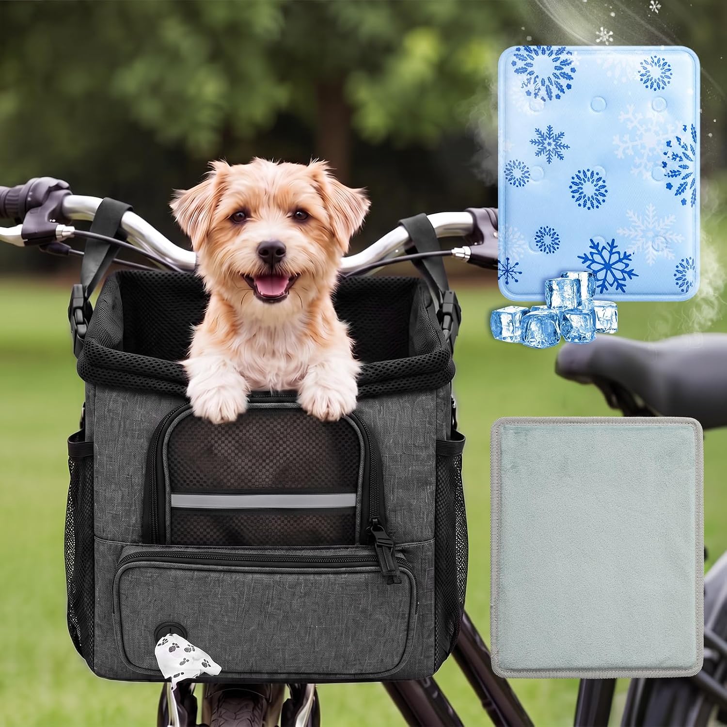 DaisyInner Dog Bike Basket with Cooling Mat Soft-Sided Ventilated Pet Bicycle Carrier Backpack Expandable Foldable Bike Booster Seat with Comfy & Padded Shoulder Strap Big Side Pockets, Max 18 Lbs